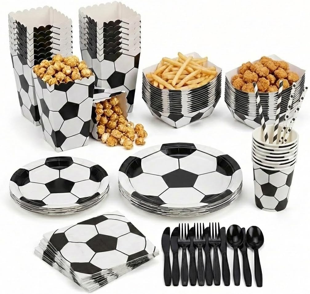 Soccer Party Supplies for 10 – 114 Pcs Set with Dinner & Dessert Plates, Cups, Napkins, Cutlery, Straws, Popcorn Boxes & Snack Trays | Disposable Sports Birthday Party Tableware
