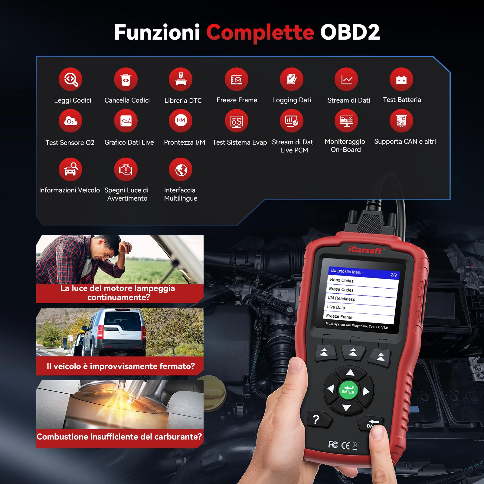 iCarsoft FD V1.0 OBD2 Auto Diagnostica per Ford/Holden, Diagnosi Auto Professionale in Italiano per Tutti i Sistemi, Ripristino dell'Olio, Calibrazione SAS, Test della Batteria, Aggiornamento a Vita
