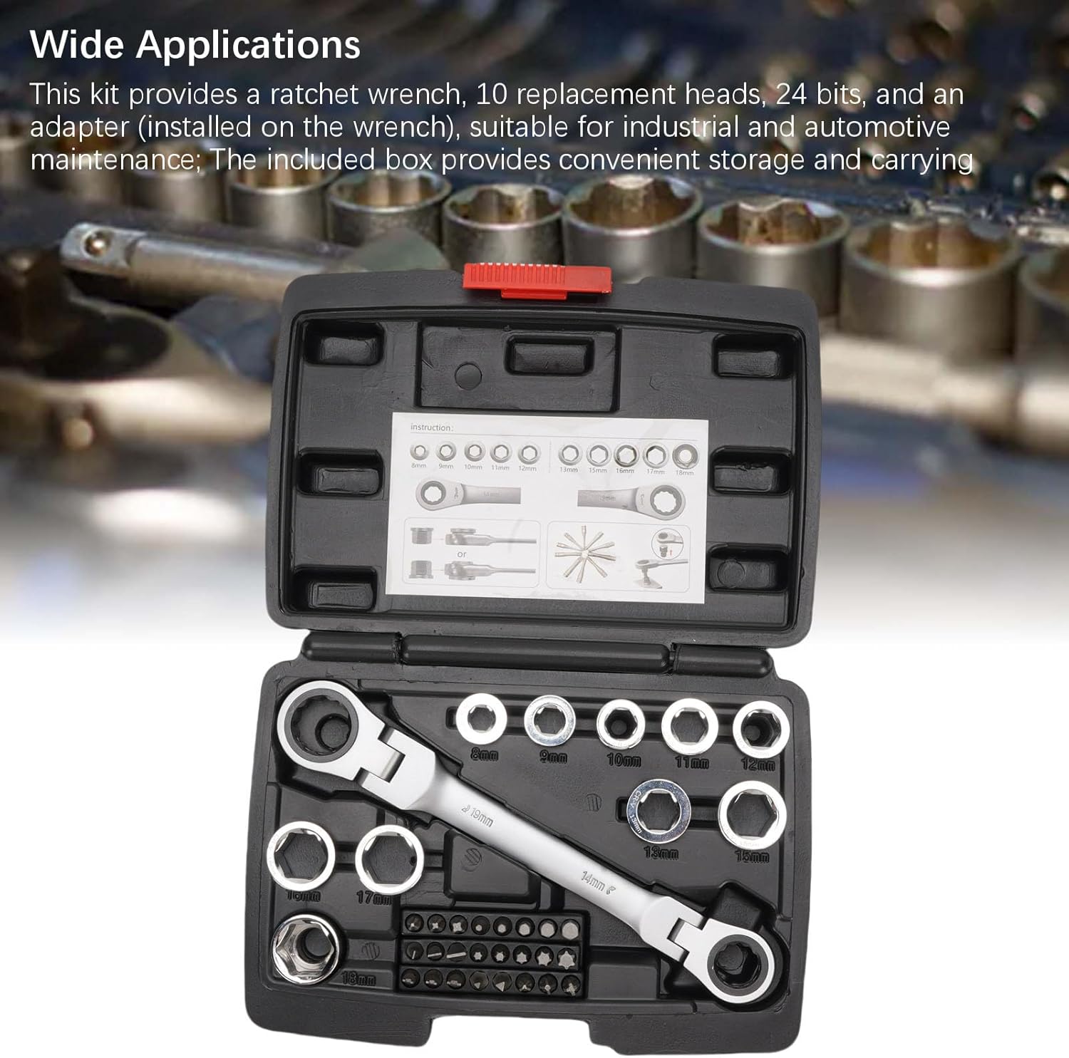 Fafeicy Ratchet Wrench Set 72 Teeth Box End Double Movable Head Torsion Wrench Kit with 10 Replacement Heads and 24 Bits for Industrial and Automotive Maintenance