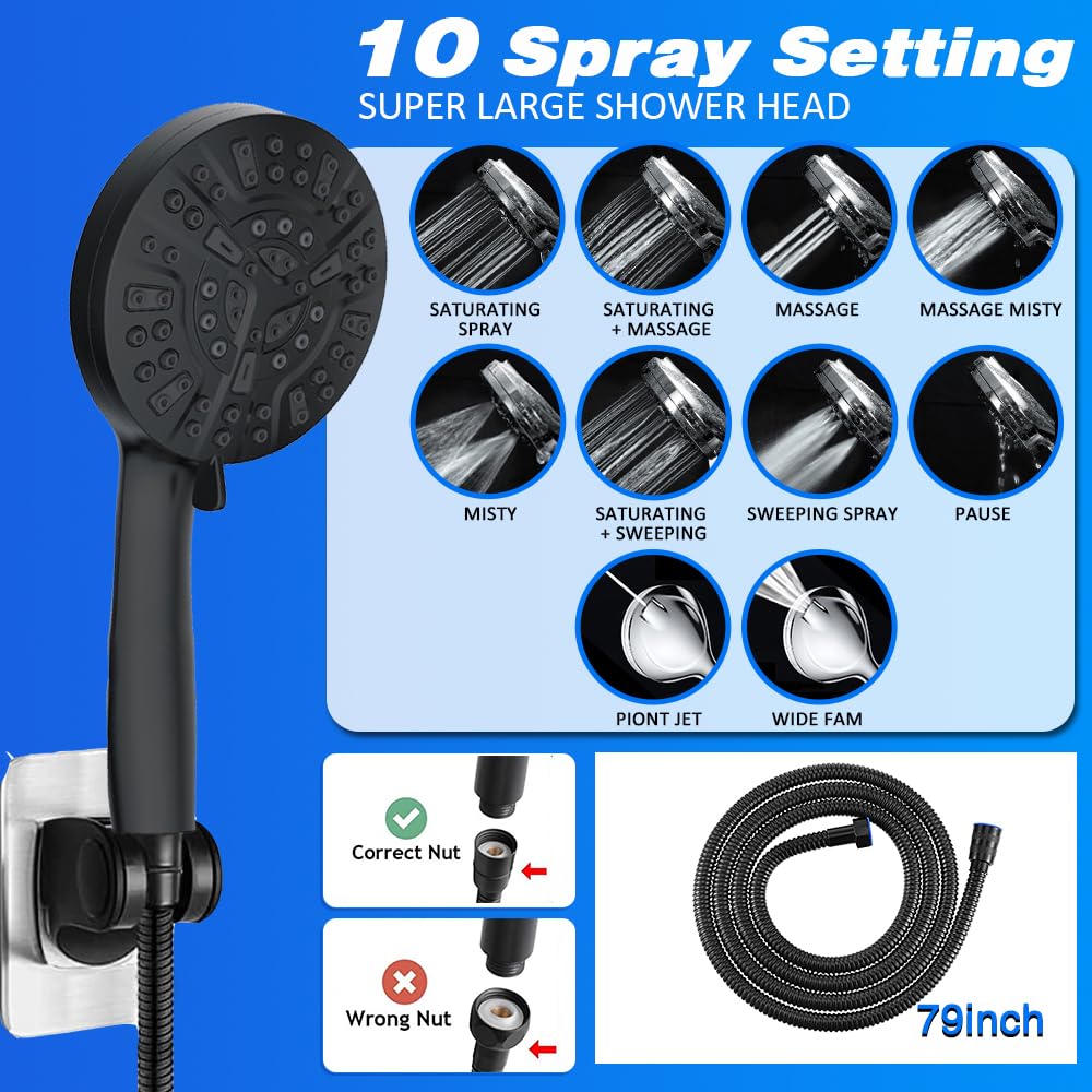 Soffione doccia nero da 30,5 cm con doppio filtro portatile per doccia a pioggia con 10 impostazioni palmare integrato, 2 Power Wash con braccio di estensione da 30,5 cm, tubo da 200,7 cm e cartucce