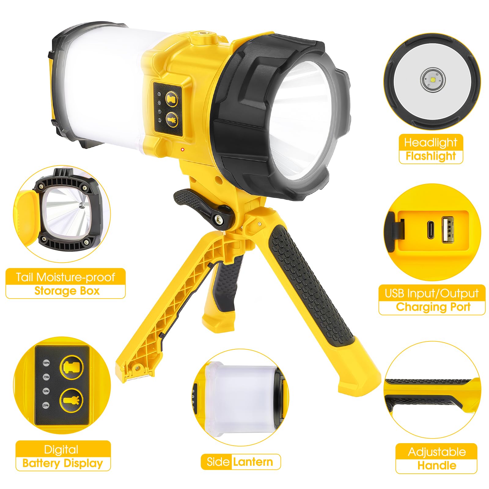 BOBKID - Linterna de camping recargable, 6 modos, linterna LED de mano con 2000 lúmenes, banco de energía de 4400 mAh, reflector impermeable IPX4, luz de trabajo para kits de supervivencia de