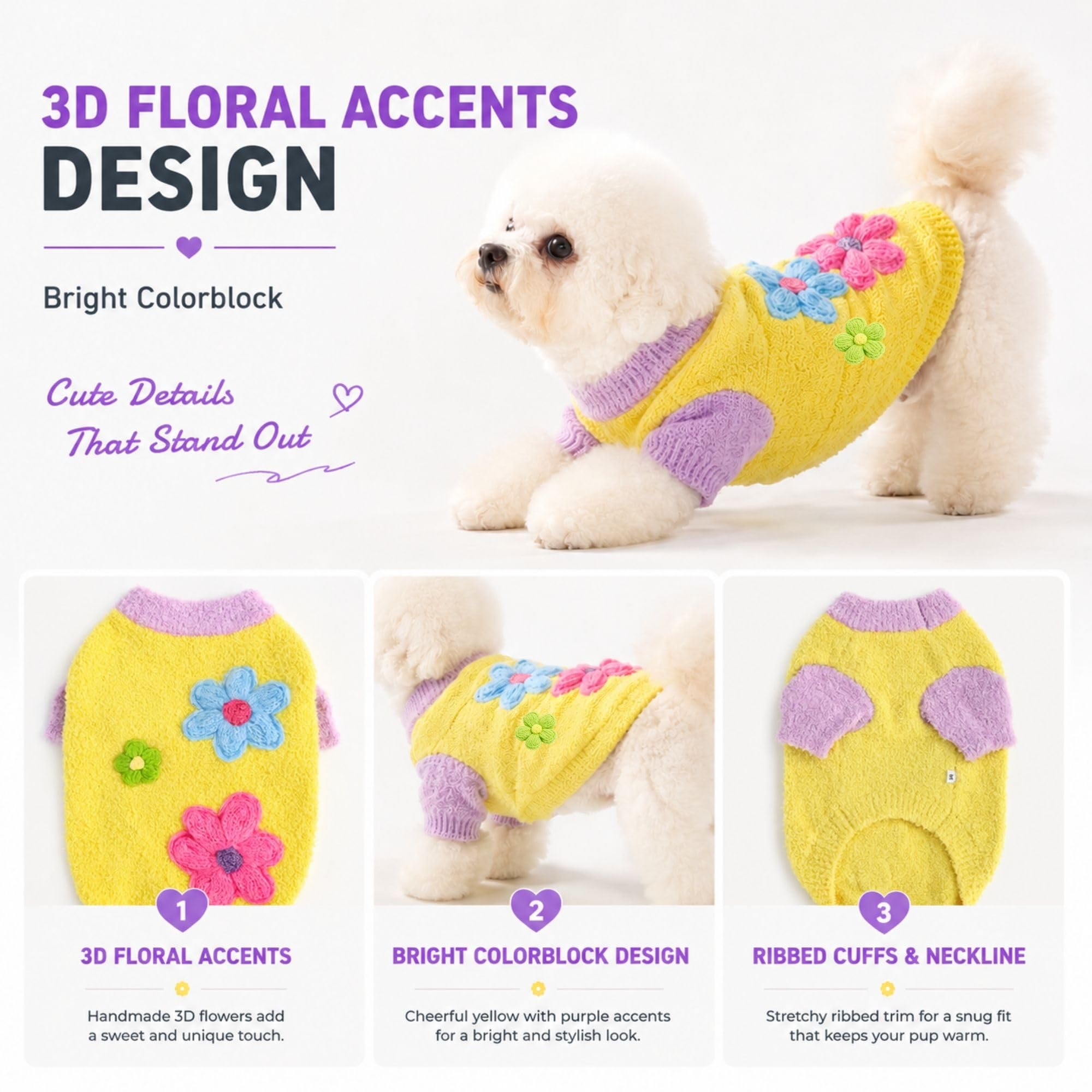 Vêtements pour chiens de petite et moyenne taille, pull pour animal de | Pull léger en polaire douce pour petit chien avec décoration florale 3D, facile à mettre, promenade quotidienne