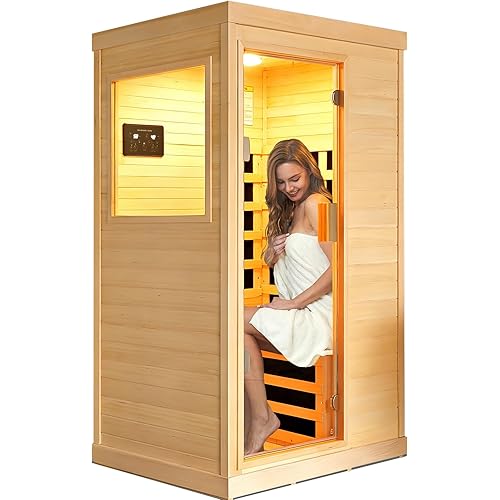 Far Infrared Sauna Home Sauna Spa Room Canadian Hemlock Wood 1200W Indoor Saunas Low EMF 110V with 7 Color Light and Tempered Glass Door, Room: 35.2 * 27.6 * 61.6Inch