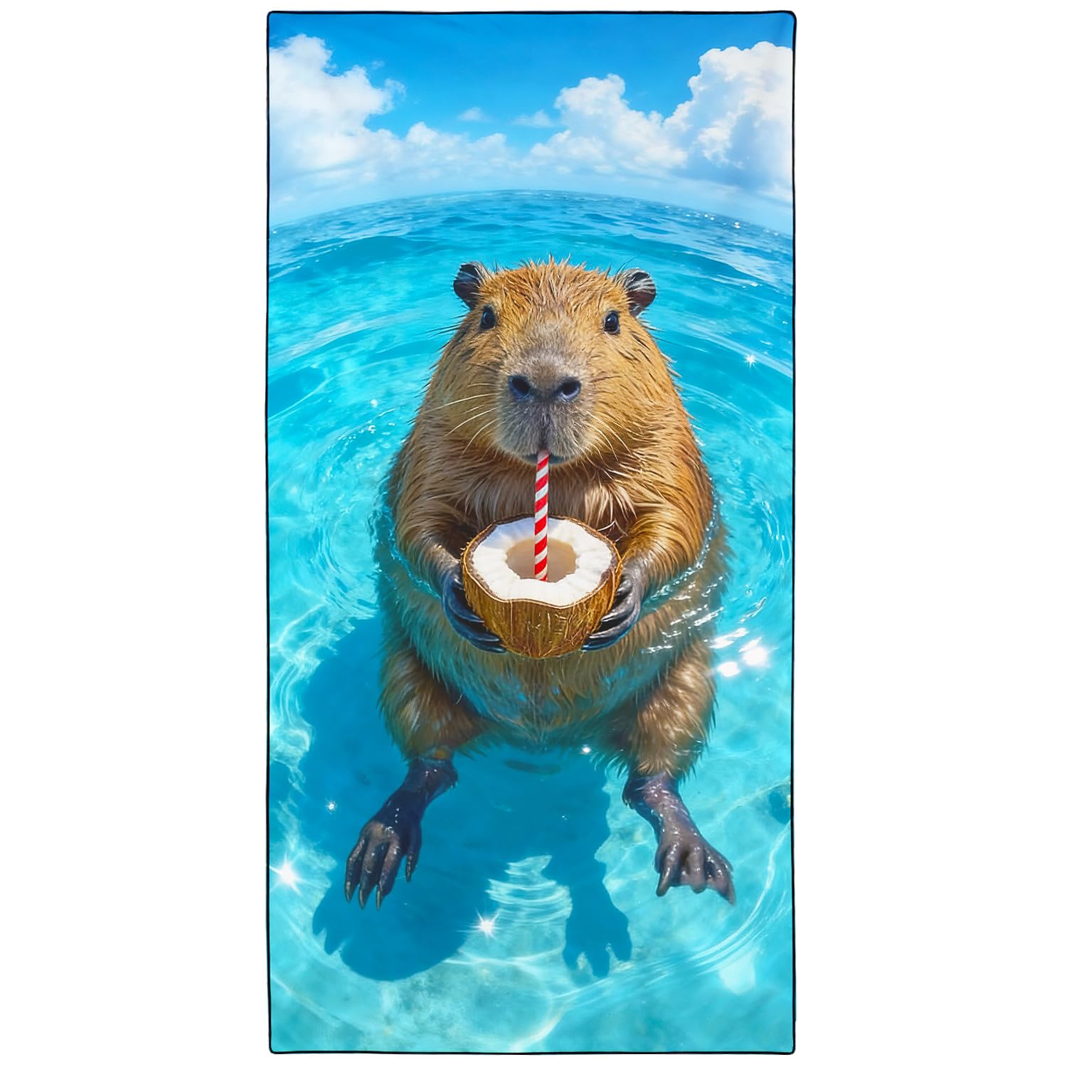 Violetpos Coconut Capybara Beach Towel, Extra Large 180x90 cm 250GSM Microfibre, Sand Free Quick Dry, Ideal Vacation Gifts with Carry Bag for Pool Cruise Camping