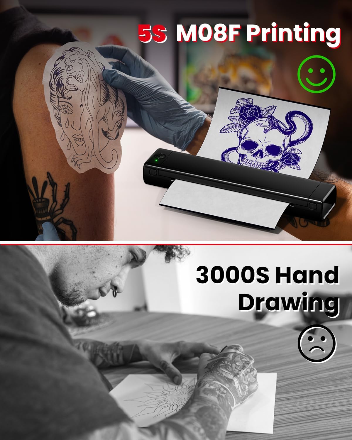 COLORWING M08F Portable Wireless Tattoo Stencil Printer, Thermal Inkless Bluetooth Tattoo Stencil Machine with 10pcs Tattoo Transfer Paper, Ideal for Tattoo Artists & Beginners - Black