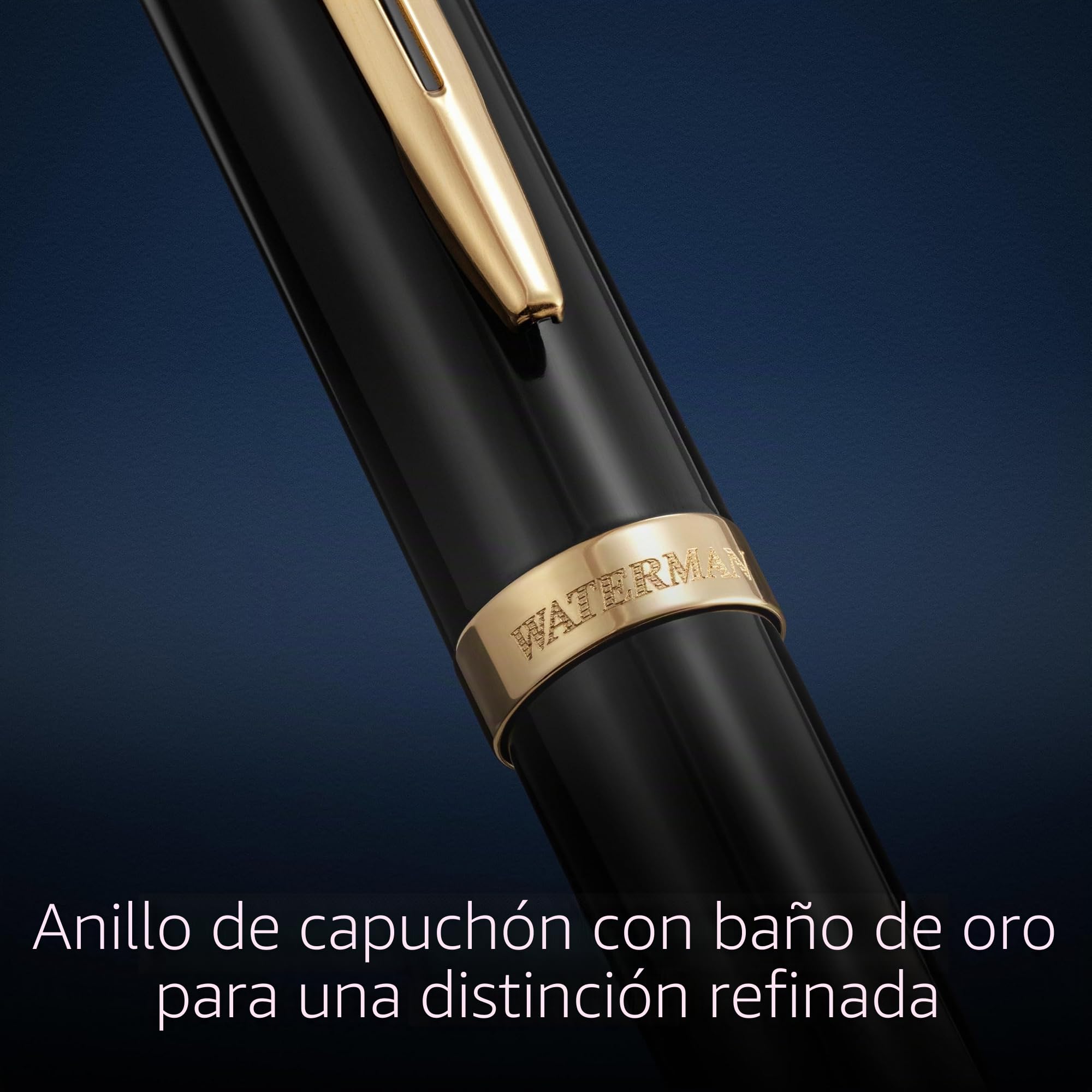 Waterman Impression Pluma estilográfica | Plumín medio con recarga de tinta azul | Laca negra con adornos chapados en oro | Caja de regalo
