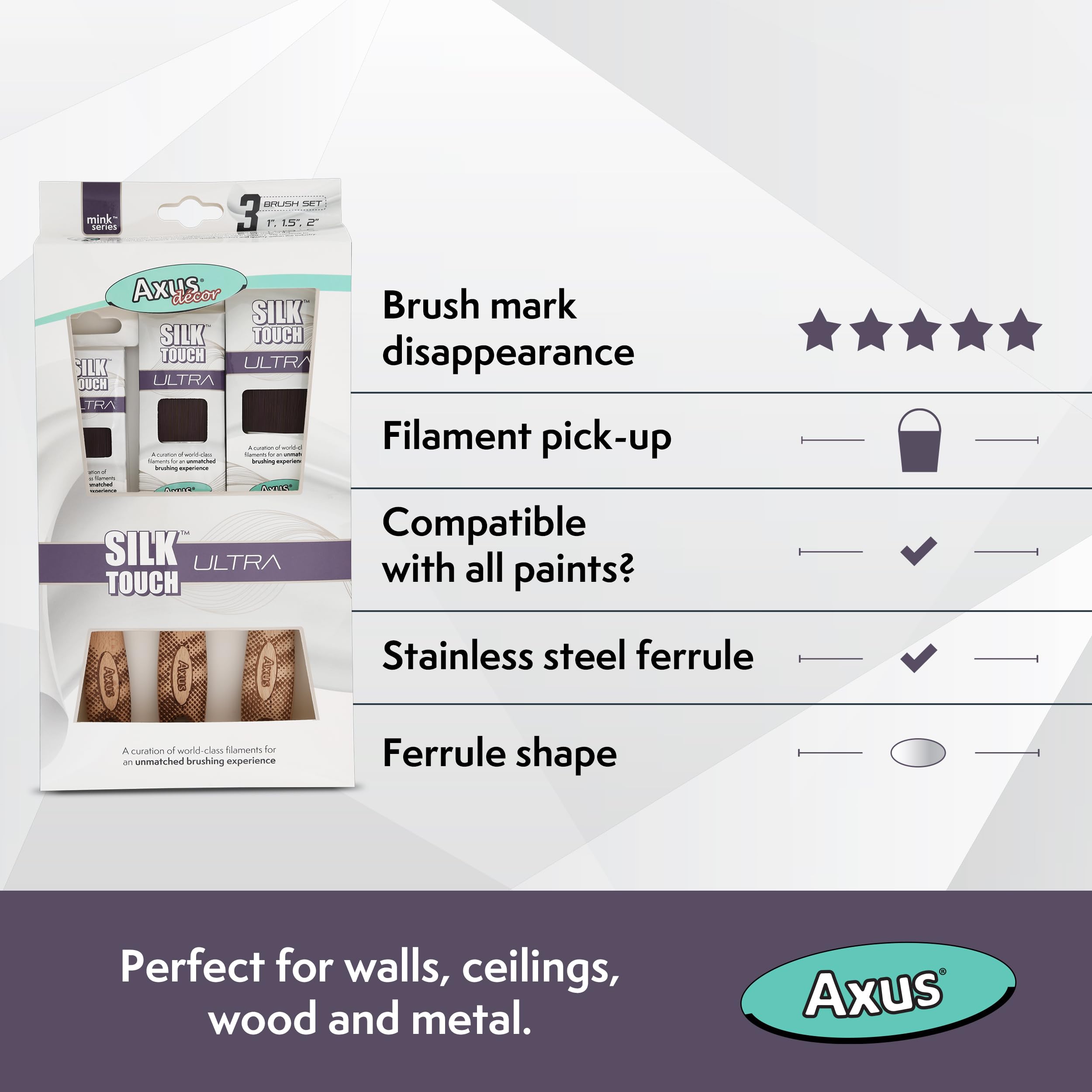 Axus Decor Silk Touch Ultra - Set di pennelli da pittura, 3 pezzi, AXU/BMVS3