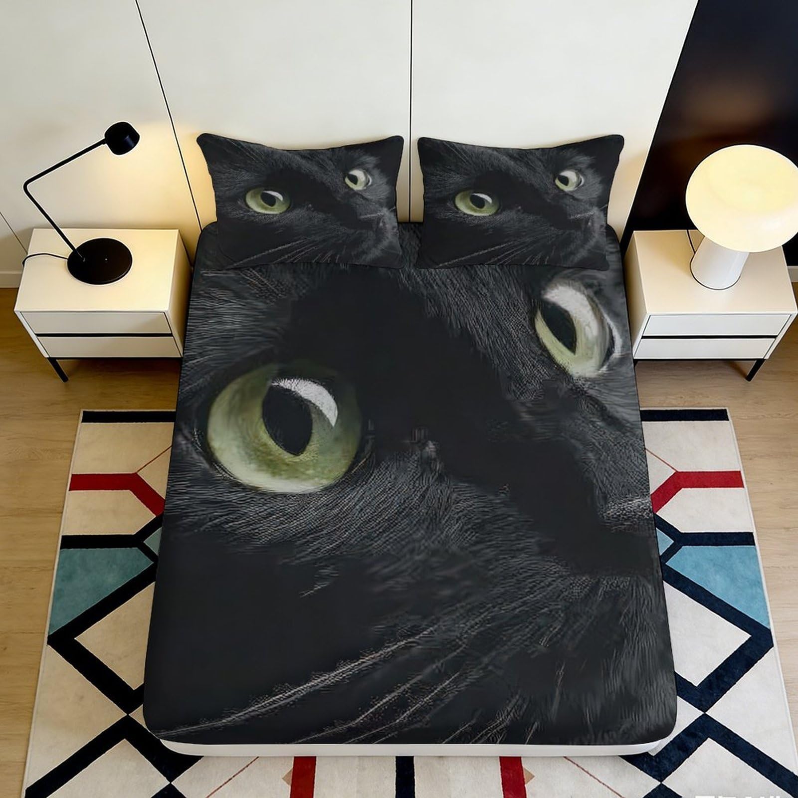 3D Printed Black Cat Fitted Sheet Microfiber Soft Breathable Green Eyes Bed Cover for Bedroom Dormitory Guest Room Mattress Protection Decor 200x200x25cm