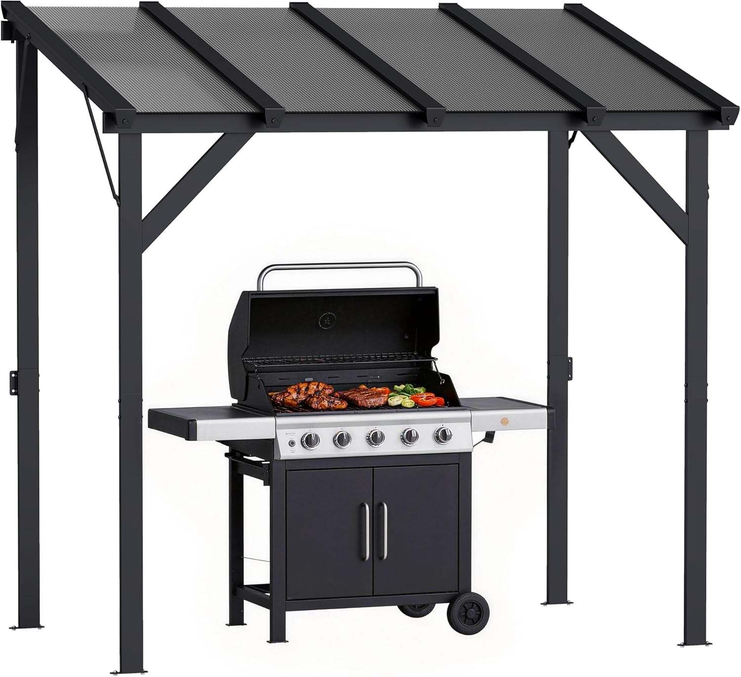 Outsunny 8′ x 5′ Hardtop Grill Gazebo, Lean-to BBQ Gazebo Shelter, Wall-Mounted Pergola with Polycarbonate Roof and Steel Frame, for Outdoor, Patio, Lawn, Garden, Patio, Backyard