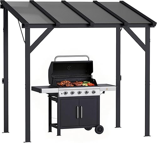 Outsunny 8' x 5' Hardtop Grill Gazebo, Lean-to BBQ Gazebo Shelter, Wall-Mounted Pergola with Polycarbonate Roof and Steel Frame, for Outdoor, Patio, Lawn, Garden, Patio, Backyard