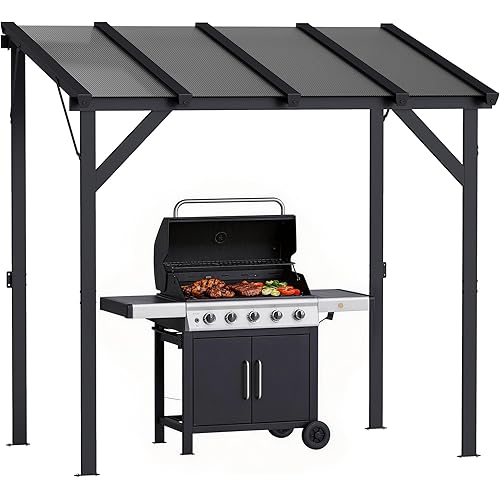 Outsunny 8' x 5' Hardtop Grill Gazebo, Lean-to BBQ Gazebo Shelter, Wall-Mounted Pergola with Polycarbonate Roof and Steel Frame, for Outdoor, Patio, Lawn, Garden, Patio, Backyard