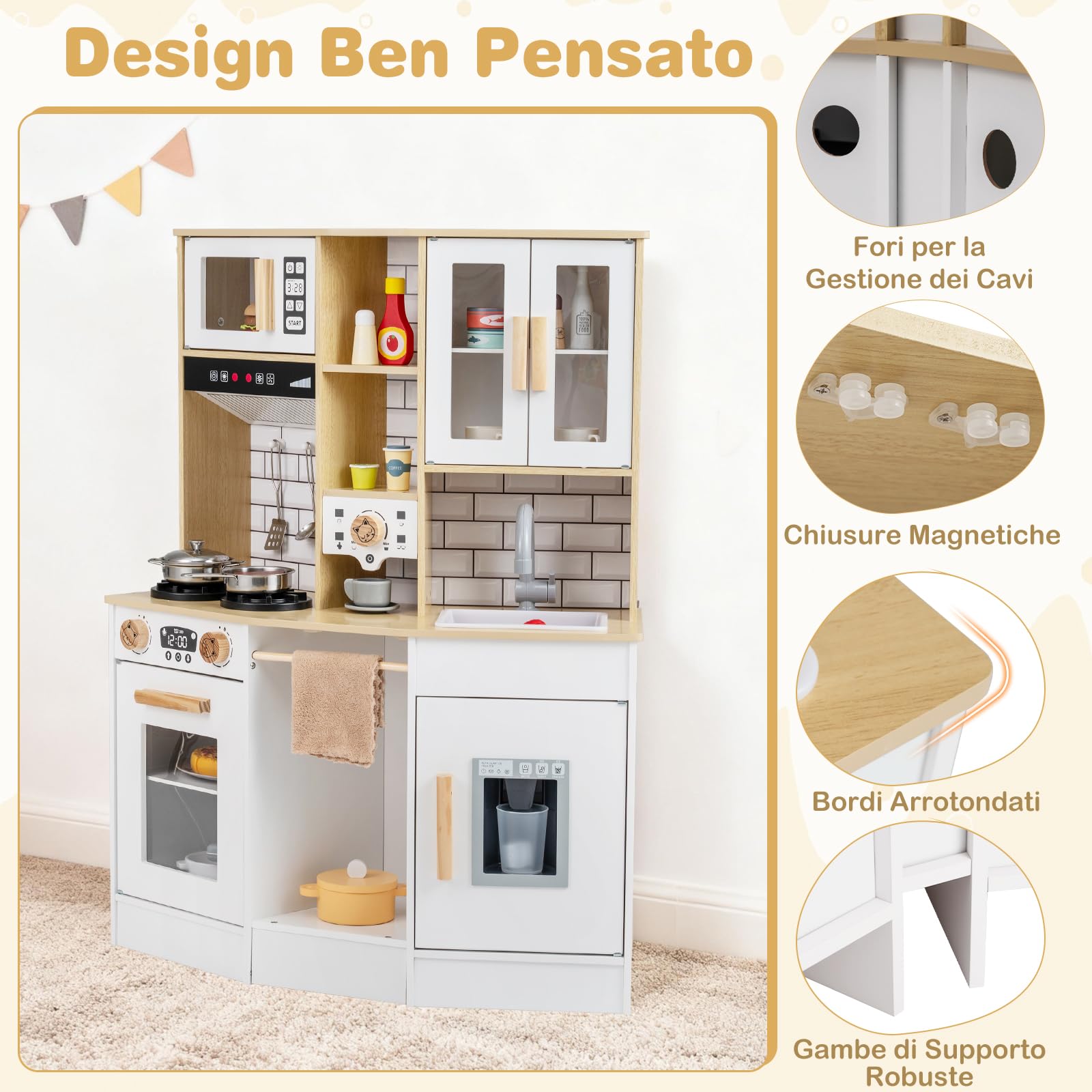 COSTWAY Cucina Giocattolo per Bambini, Cucinetta in Legno con Suoni e Luci, Fornello, Lavandino, Macchina del Caffè, Gioco Cucina di Ruolo per Bambini 3+ Anni (Naturale)