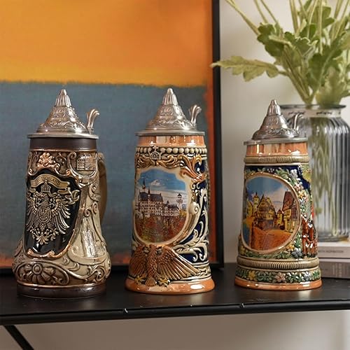 Miniatura 6 de Taza de cerveza alemana Frankfurt Oktoberfest Baviera Muchen Viking Tankard con tapa Petwer para hombres amantes regalos padre 0.6 litros