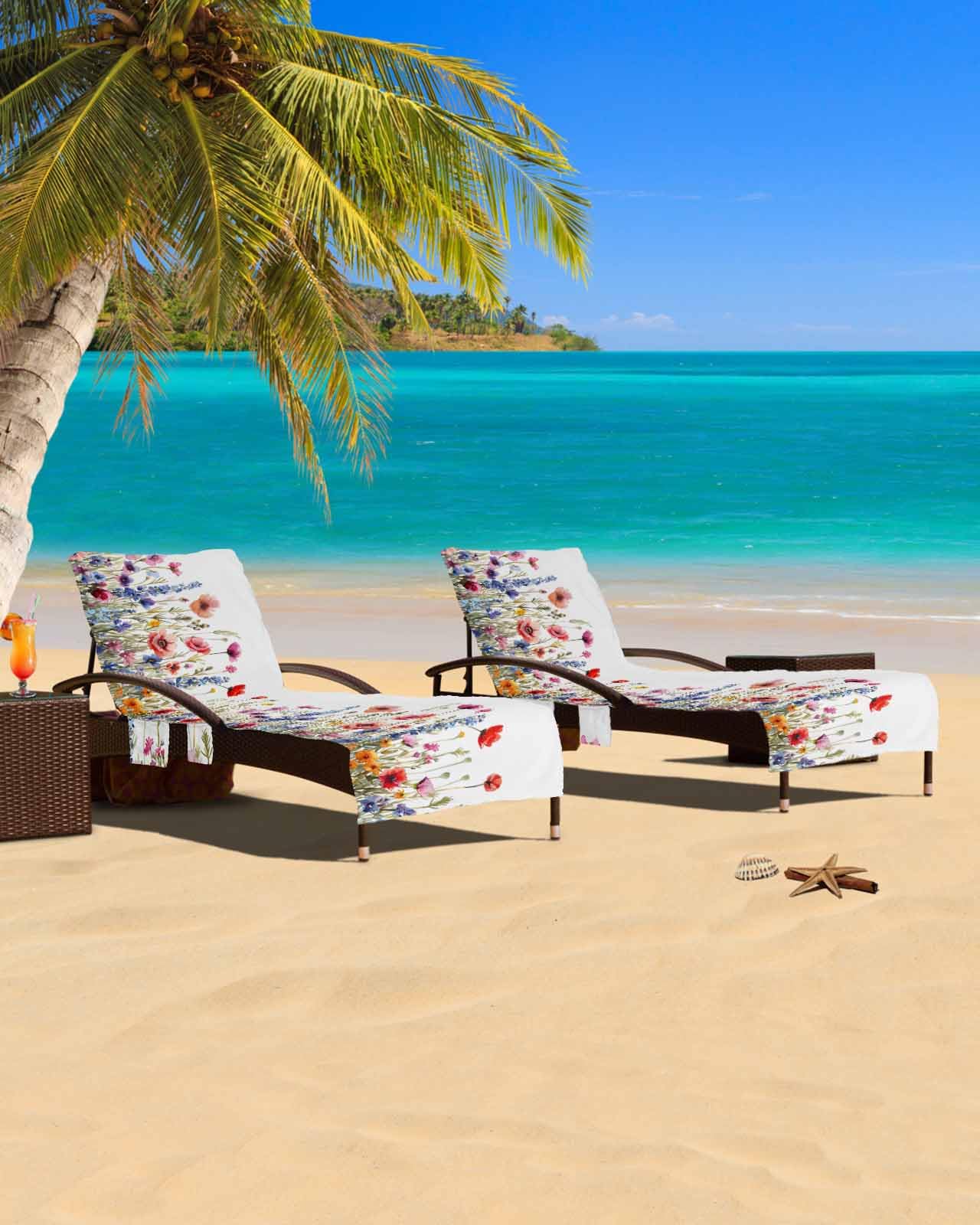 Daisy Beach Chair Cover with Side Pockets, Microfiber & Quick Dry Pool Chaise Lounge Chair Towels Covers for Sun Sunbathing Patio Garden Hotel, Watercolor Botanical Plant Leaves Herb Spring