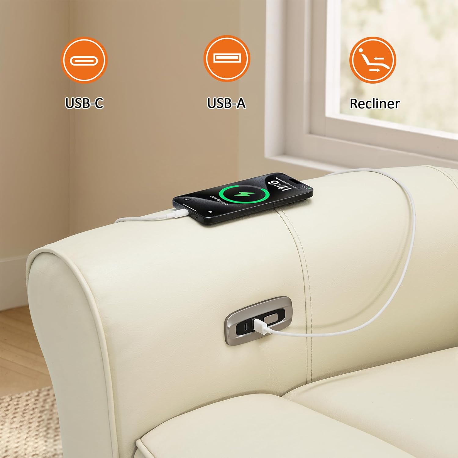 MCombo Power Wall Hugger Recliner Chair for Small Space RV Living Room, USB & USB-C Charging Ports, Modern Rolled Arm Recliner, Faux Leather PR630 (Beige, Medium)