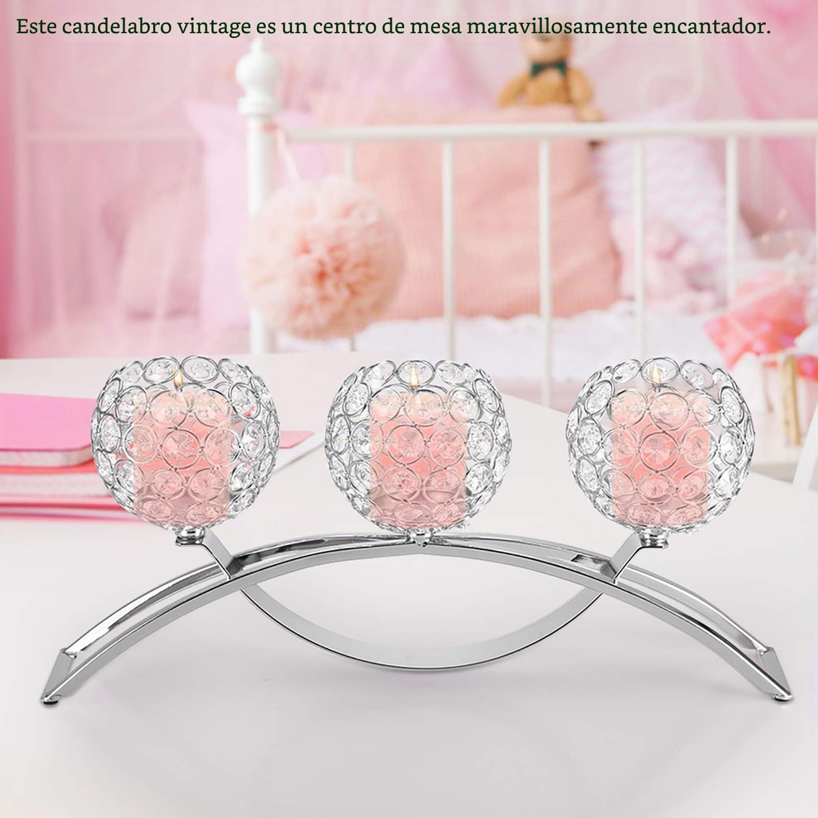 Portavelas de Cristal, 3 Brazos clásico Europeo Hierro Bola de Cristal Cena romántica con Velas Candelabro Centro de Mesa de Boda para la celebración del Aniversario de cumpleaños Regalo(Plata)