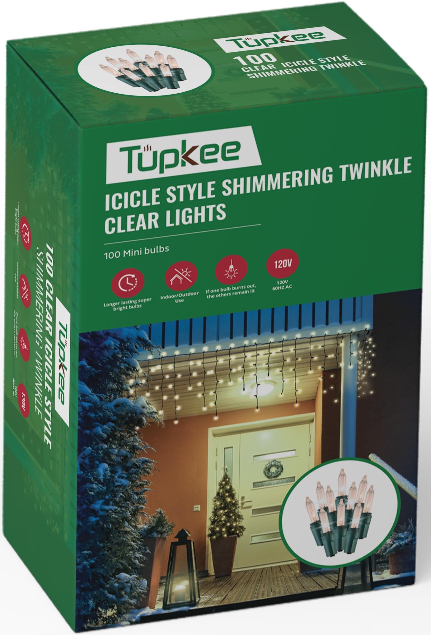 Tupkee Christmas Icicle Lights - 100 Clear Bulbs - Random Shimmering Twinkle Lights - 12 of 100 Lights Twinkle - 7 Feet Incandescent, Icicle Style Mini Bulbs - Indoor & Outdoor Christmas Decorations