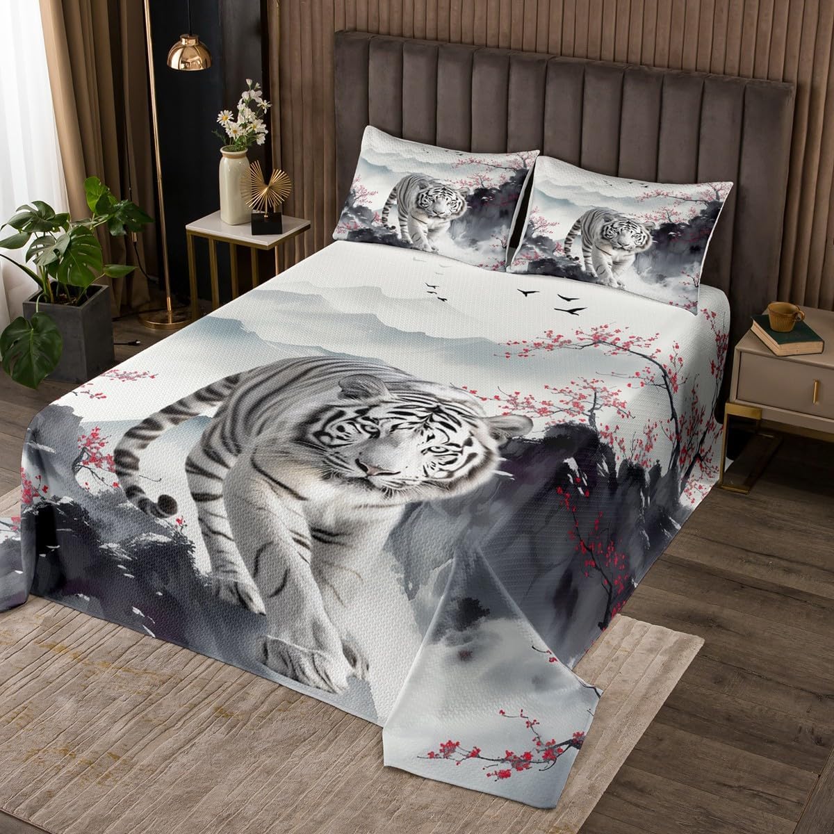 Japanese Peacock Bedspread Twin Size,Black White Ink Painting Bedding Set for Kids Girls Boys Teens Room Decor,Wild Animals Plants Comforter Set Red Cherry Blossom Quilt Coverlet,1 Pillowcase
