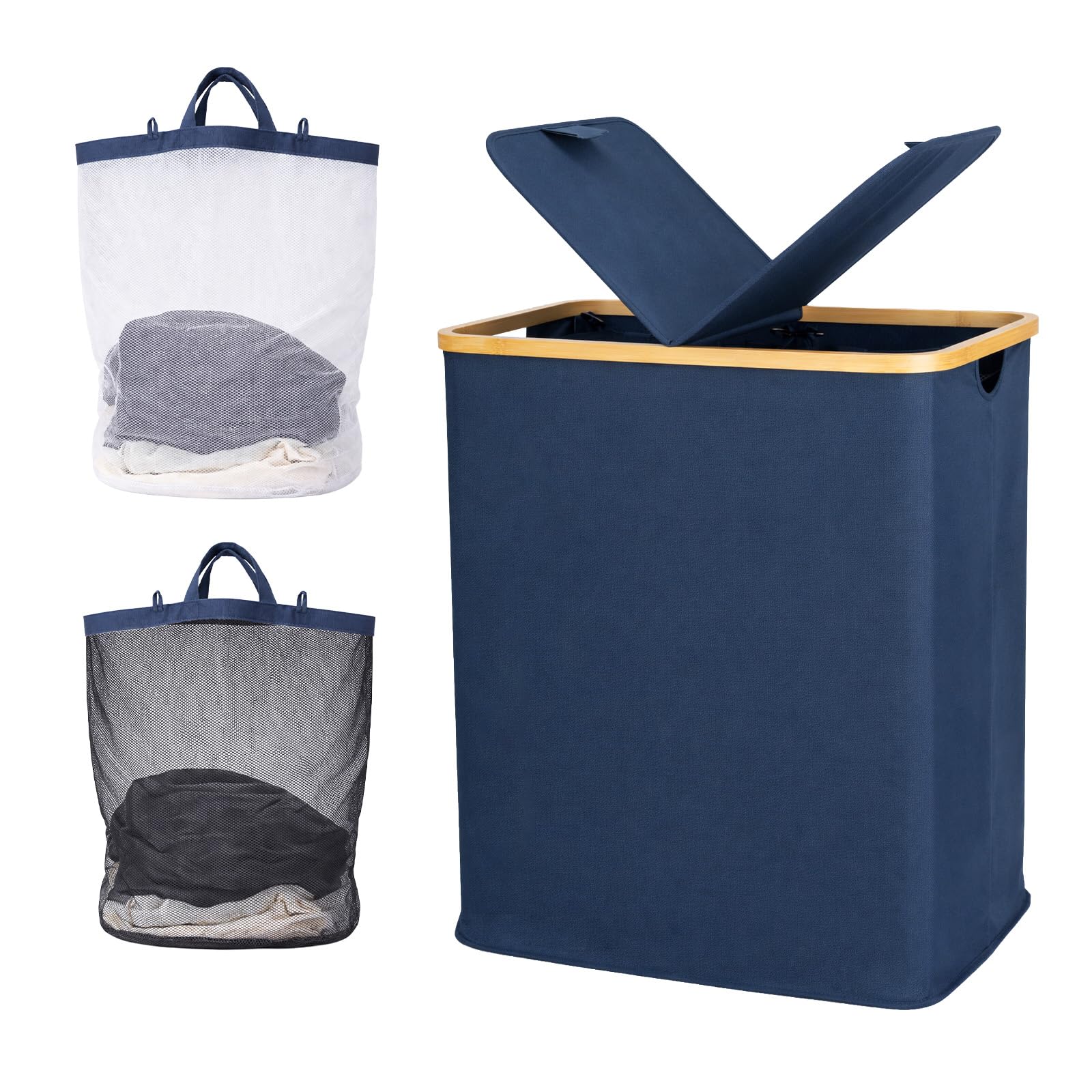 LN COZY CORNER 140L Laundry Basket with Lid, Large Double Laundry Hamper with 2 Removable Bags, Foldable Laundry Basket with Lid for Clothes Storage, Laundry Organisation & Bedroom Storage (Blue)