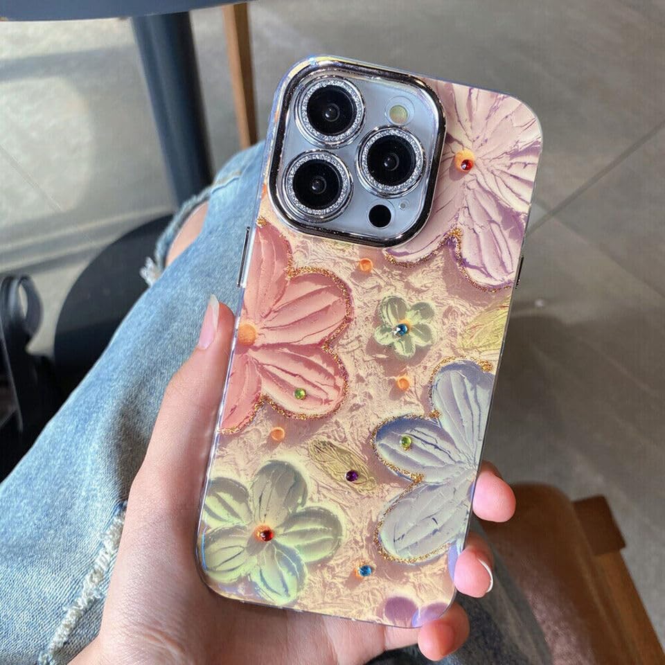Image of Elzzi Compatible with iPhone 16 Pro Max Case 3D Laser Flower Oil Painting Cute Colorful Blue Ray Bumper with Full Camera Protection Shockproof PC+TPU Glossy Shiny Cover for Girls Women, Pink