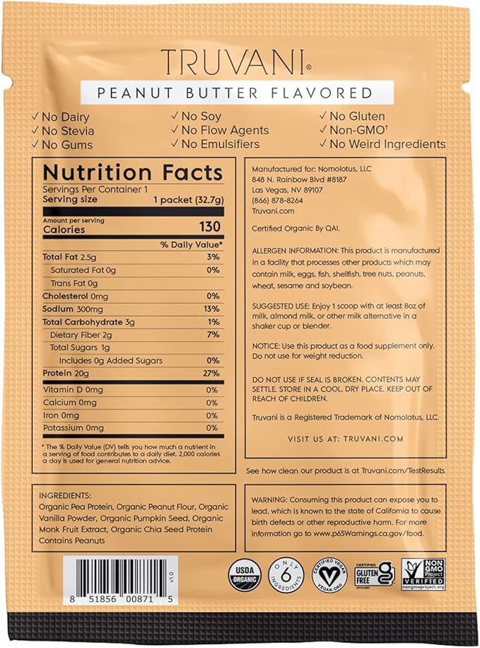 Truvani Vegan Pea Protein Powder in Peanut Butter flavor is a popular organic plant-based protein supplement. Each serving of this powder contains 20g of protein, making it suitable for those following a vegan or vegetarian diet who may struggle to get enough protein from whole foods alone. The product is also keto-friendly, gluten-free, dairy-free, and low in carbs, making it a versatile option for individuals with dietary restrictions or preferences.
