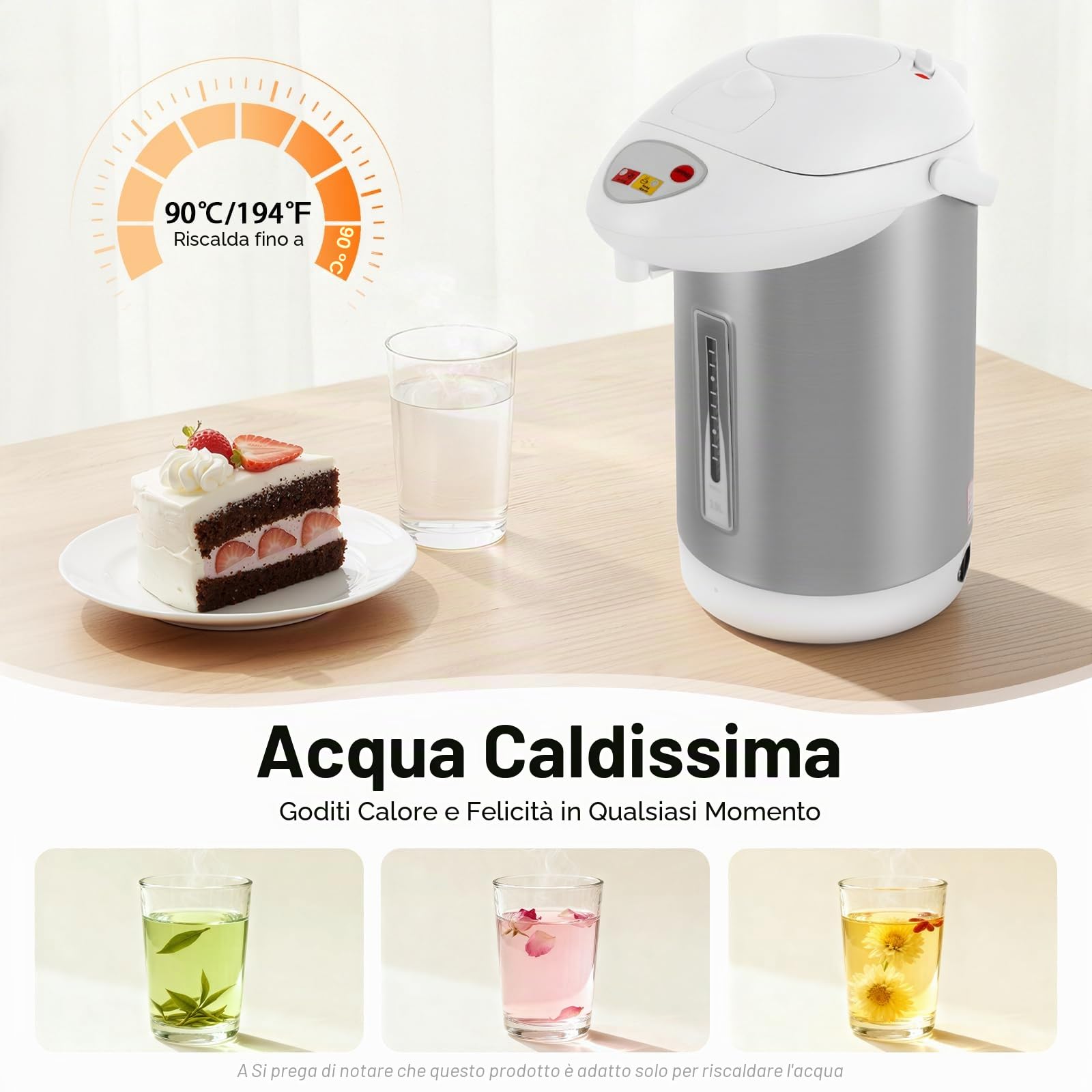 Thermopot 3 l, 750 W, erogatore di acqua calda in acciaio inox, con controllo della temperatura, 90 °C, 24 ore, funzione di mantenimento del calore, bollitore elettrico, con tre metodi di