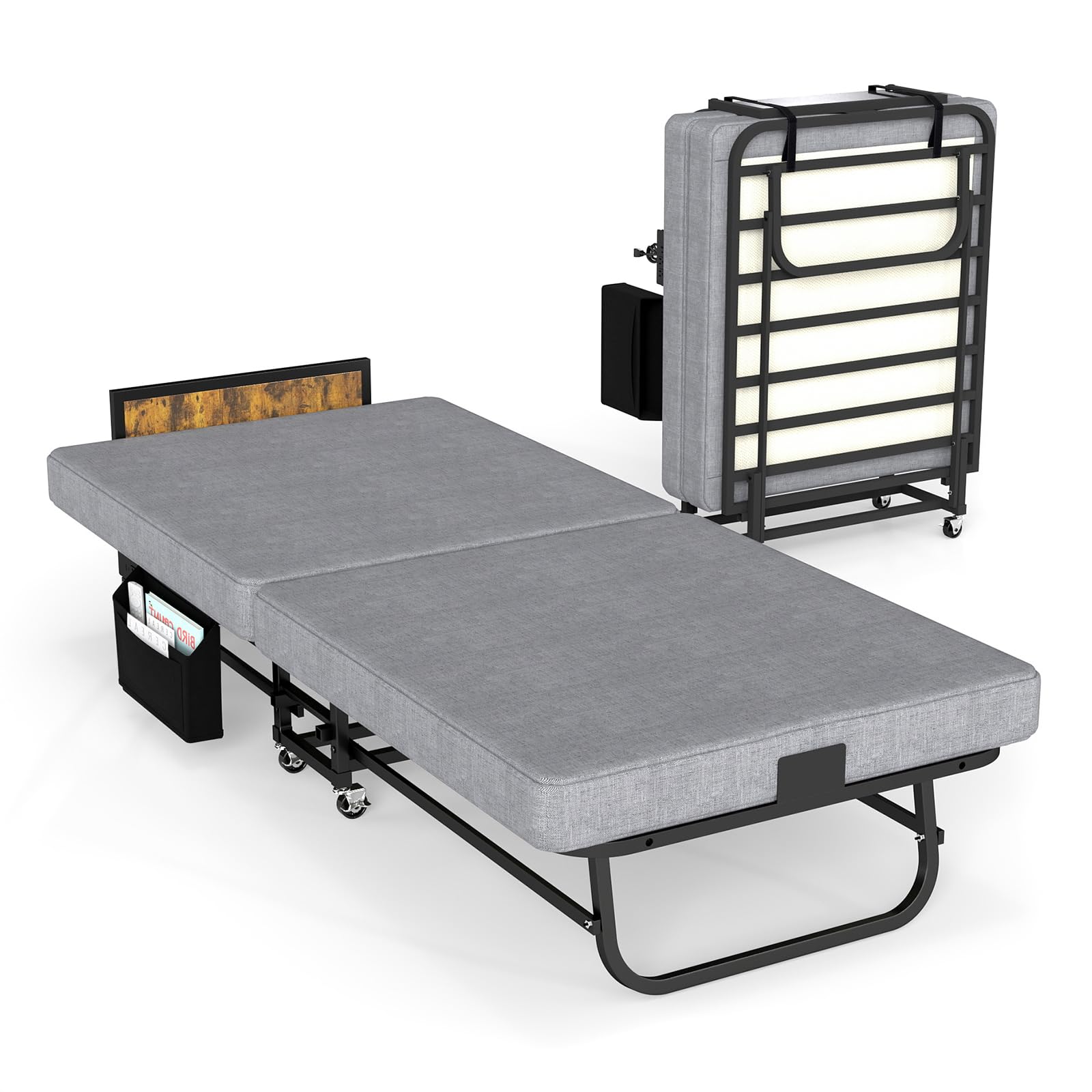 Folding Bed with Mattress, Portable Fold Up 79x190cm Bed for Adults with Wheels / Headboard / Charging Station / Side Storage Pocket, Space Saving Foldable Single Guest Beds, 6cm Memory Foam Mattress
