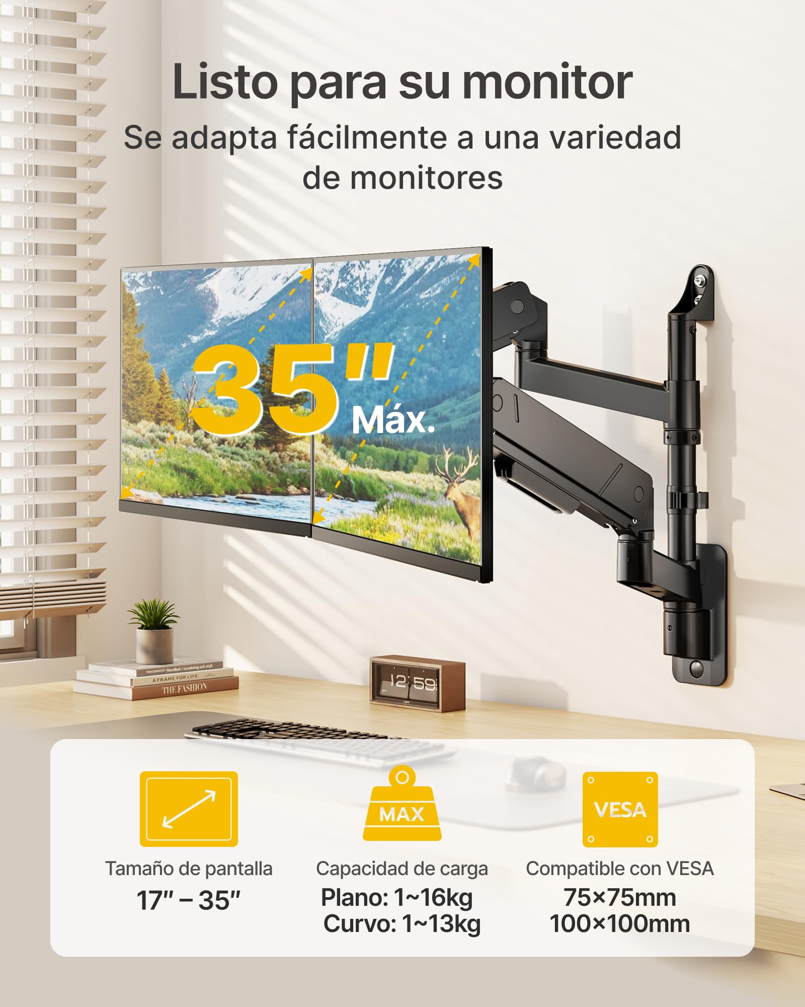 monTEK Soporte de pared para monitor dual para monitores de 17 a 35 pulgadas, carga máxima de 16 kg, brazo de monitor compatible con pantalla plana y curva, soporte de pared articulado para TV