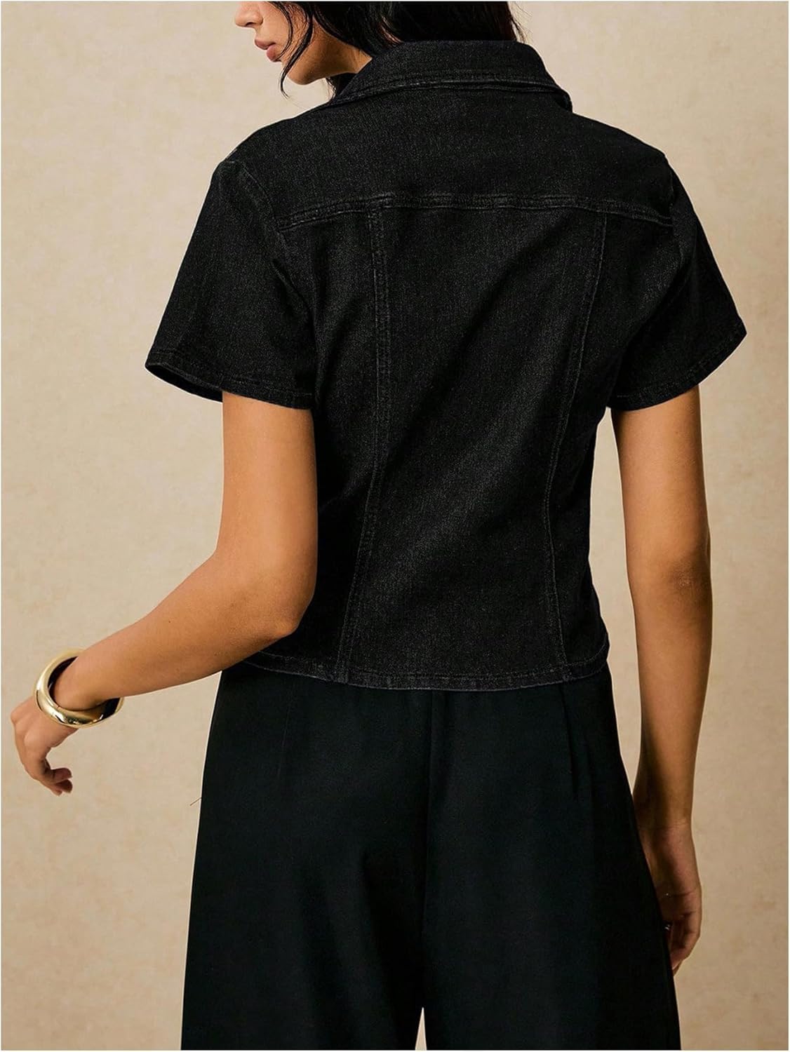 OYOANGLE Women's Short Sleeve Button Down Denim Jackets Collared Fitted Y2K Jean Shirt Tops - Image 2