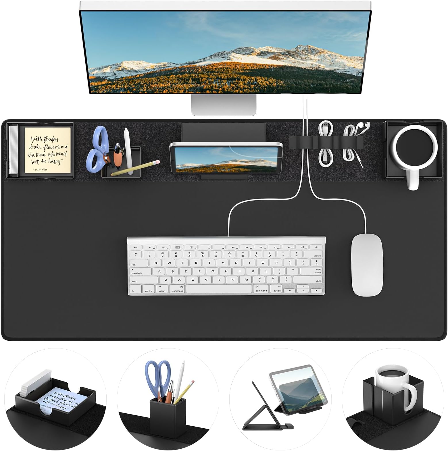 KDD Mouse Pad and Organizer Set - 6 in 1 Desk Mat Storage Accessory with Hook and Loop Fastener DIY Feature for Tablet Stand/Cup Holder/Card Holder/Pen Holder/Cable Management for Office and Home