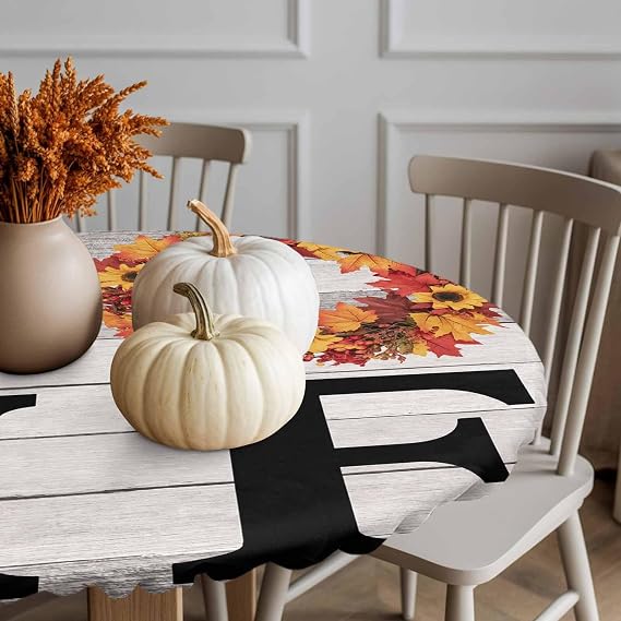 Round Fitted Tablecloth Home Orange Maple Leaf Wreath Watercolor Washable Waterproof Elastic Table Covers for Camping Indoor Dining Table Protector Farm Vintage Wood Board Fits 45-54 Tables