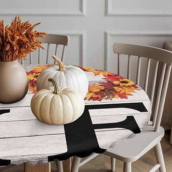 Round Fitted Tablecloth Home Orange Maple Leaf Wreath Watercolor Washable Waterproof Elastic Table Covers for Camping Indoor Dining Table Protector Farm Vintage Wood Board Fits 45-54 Tables