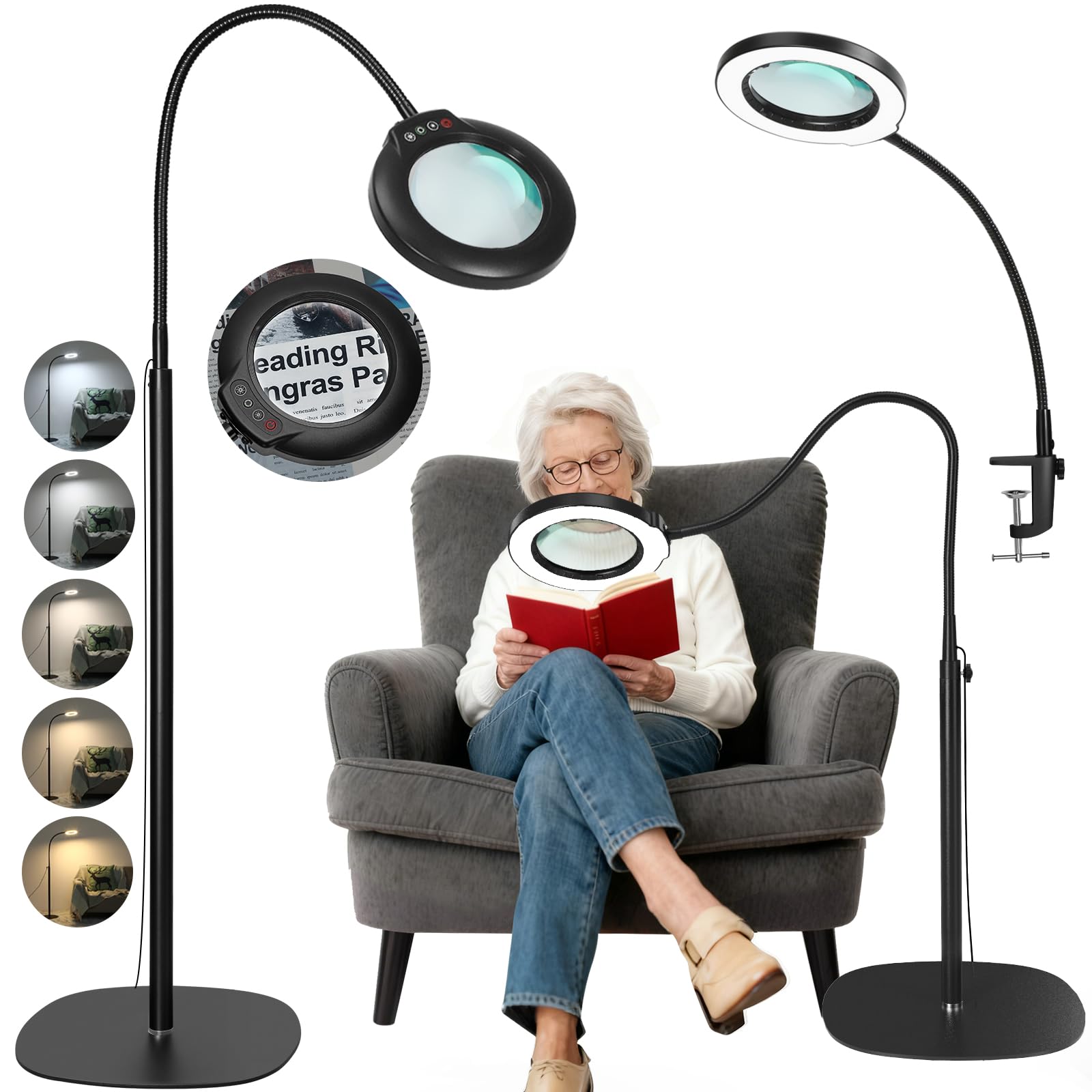 Veemagni 12X Lupa con Lentes de Cristal auténtico con luz y Soporte, 5 Modos de Color, Regulable sin escalonamientos, lámpara de Aumento LED 3 en 1, Lupa de pie, Manos Libres para Leer o Pintar.