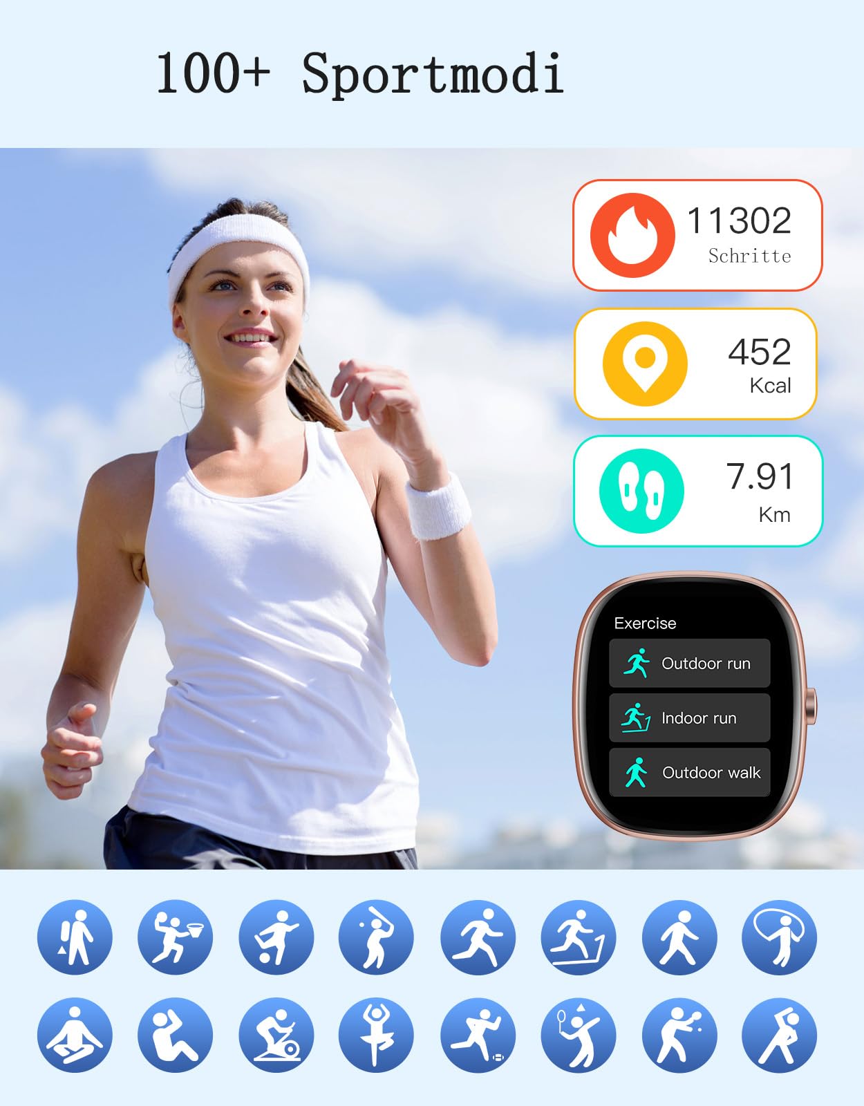 Smartwatch Damen mit Telefonfunktion,1.85" Smart Watch mit 24/7 SpO2/Herzfrequenz/Schlafmonitor/ Schrittzähler 100+Sportmodi,IP68 Wasserdicht Fitnessuhr Whatsapp Benachrichtigen für Android iOS Handy