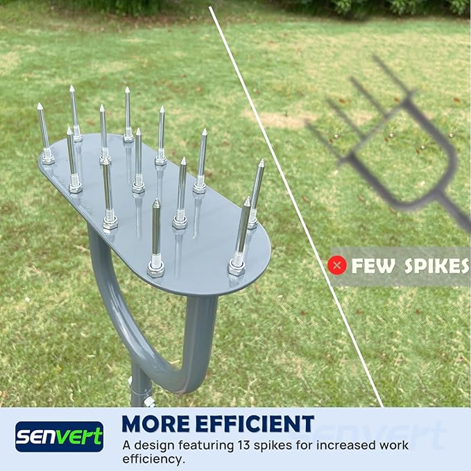 A lawn aerator spike manual yard aerator with 13 iron spikes is a garden tool designed to improve the health and appearance of your lawn. The spikes on the aerator penetrate the soil, allowing air, water, and nutrients to reach the roots of the grass more effectively. This helps to reduce soil compaction and promote healthy root growth.