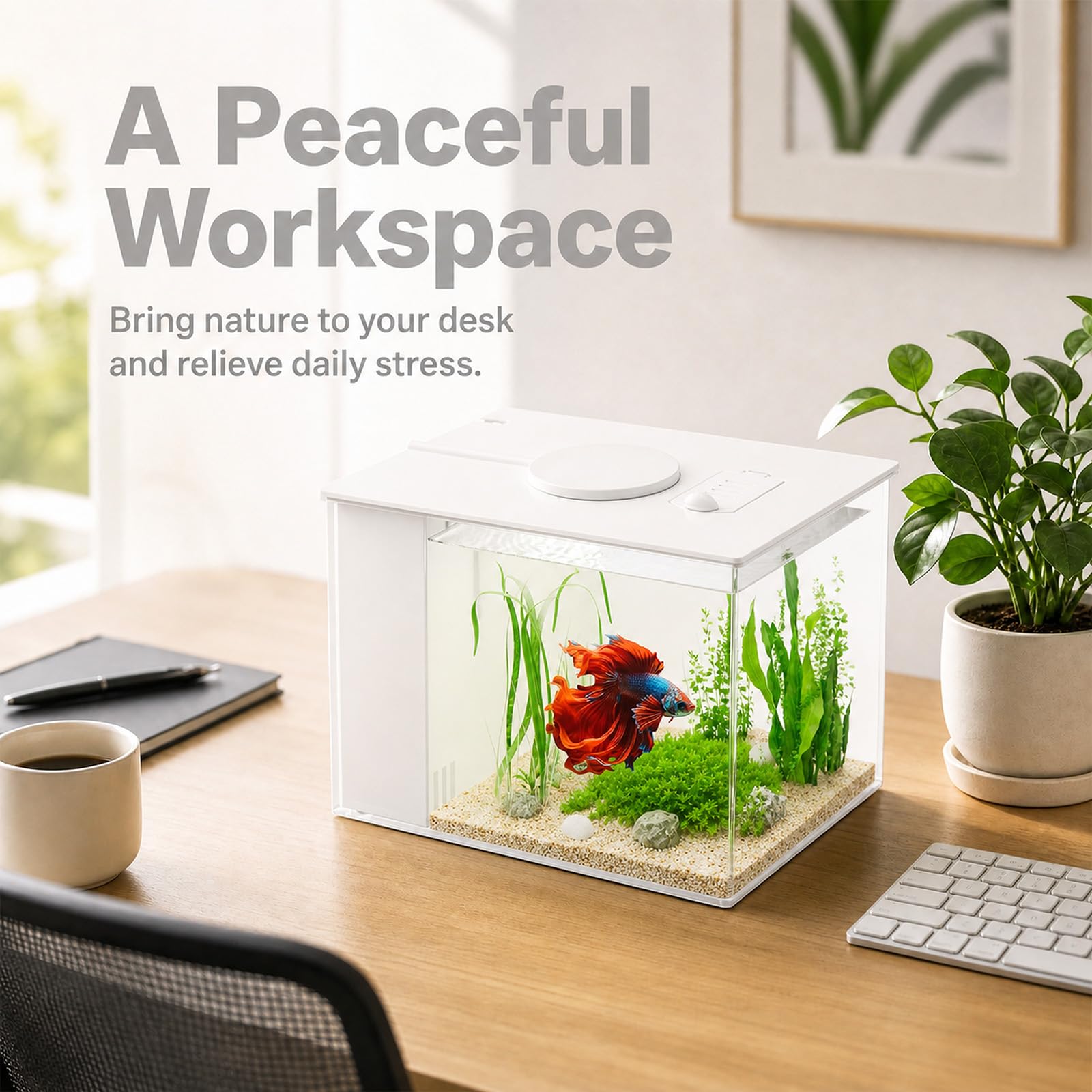 Kit complet d'aquarium de 3,7 l, petit aquarium de table, nano aquarium autonettoyant avec lumières LED et système de filtration, idéal pour les petits poissons, crevettes et plantes (blanc)