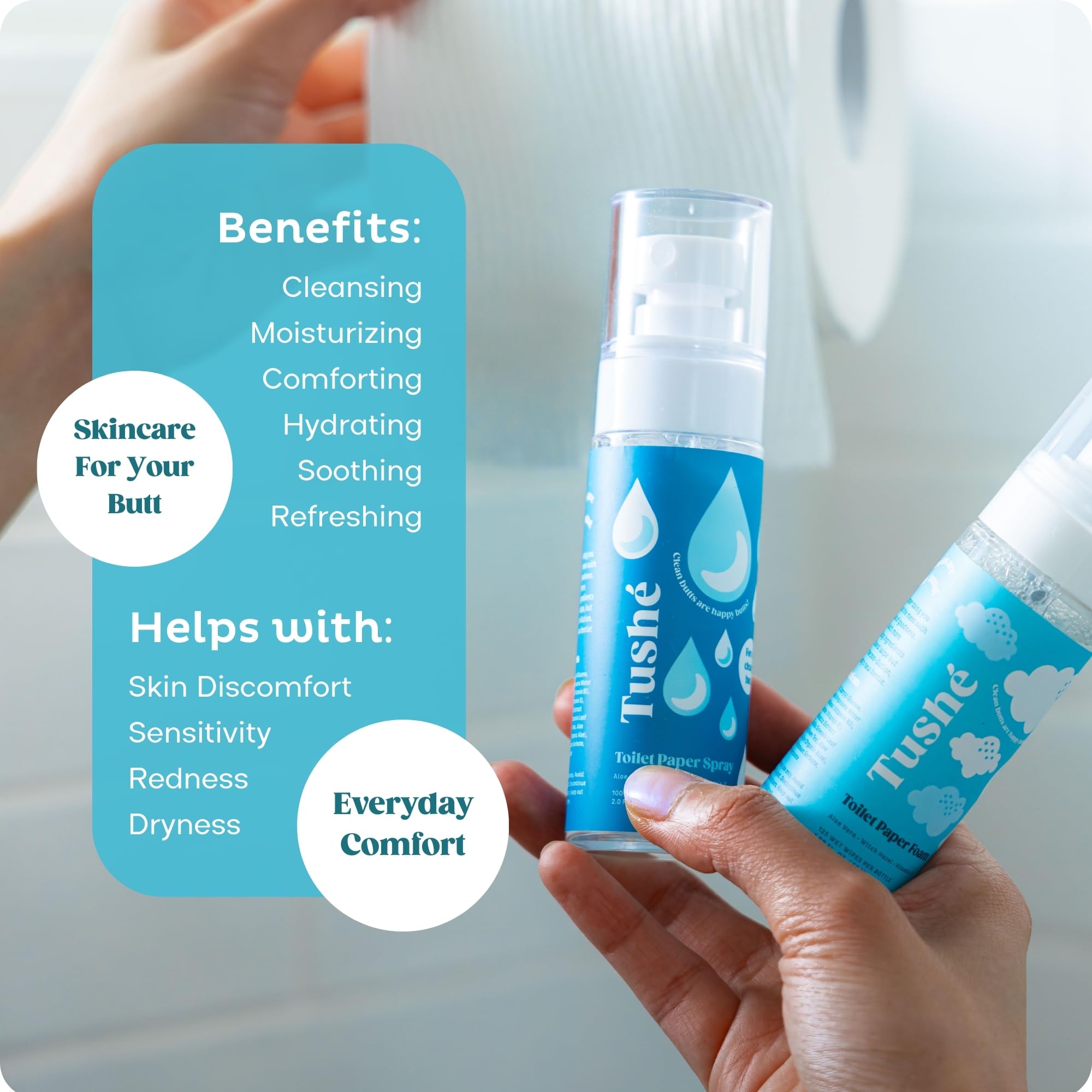 TUSHÉ Espuma de papel higiénico (paquete de 2) – Alternativa de limpieza húmeda desechable para pieles sensibles – sin perfume, segura para sépticas – Aloe Vera, hamamelis y vitamina E – 100 ml (3.3