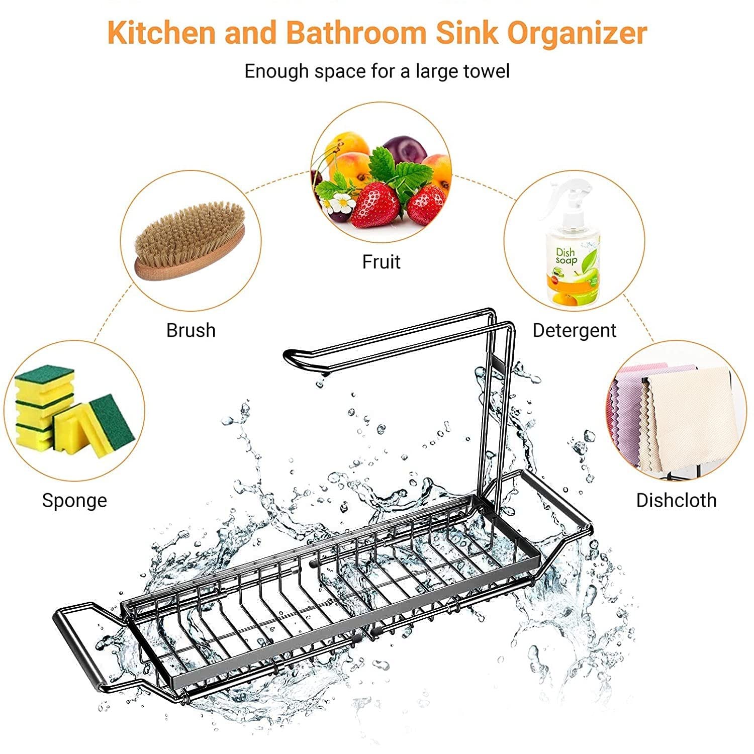 Porta spugna per lavello da cucina, portaoggetti telescopico in acciaio inox, organizer per lavelli in spugna con portasapone e spugna organizer (nero