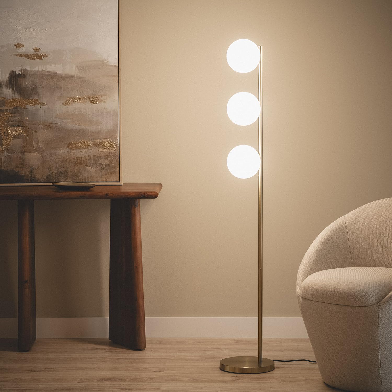 LEDKIA LIGHTING Lámpara de Pie Metal y Cristal Moonlight Brass 3 Focos Dorado E27