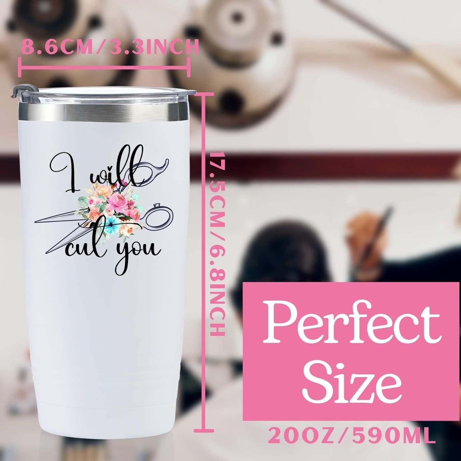 Onebttl Hair Stylist Gifts For Women, Female, Her - I Will Cut You - 20oz/590ml Stainless Steel Insulated Tumbler with Straw, Lid, Message Card-(White)