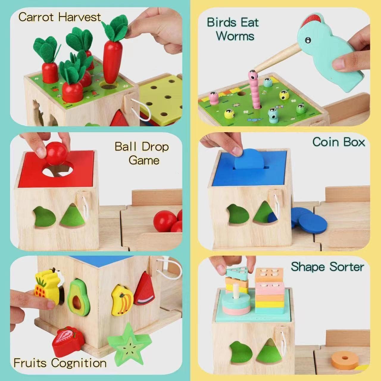 Buy PLUSYARD 6 in 1 Montessori Toys Boy Girl, Play Kit Includes Object  Permanence Box, Montessori Coin Box, Carrot Harvest Game, Matchstick Color  Drop Shape Sorter and Color Stacker Game Online at