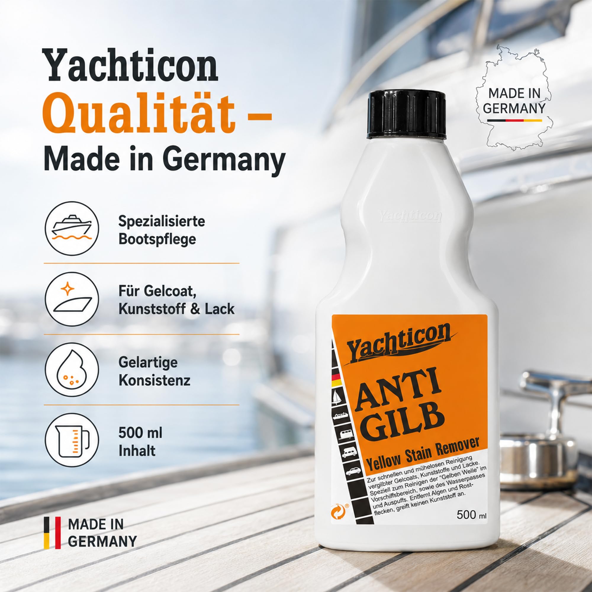 YACHTICON Anti Gilb Gelcoatreiniger, GFK Bootsreiniger für Yacht und Boot, Entfernt Vergilbungen am Wasserpass, Rumpfreiniger gegen Algen und Rost, Bootspflege Reinigungsmittel