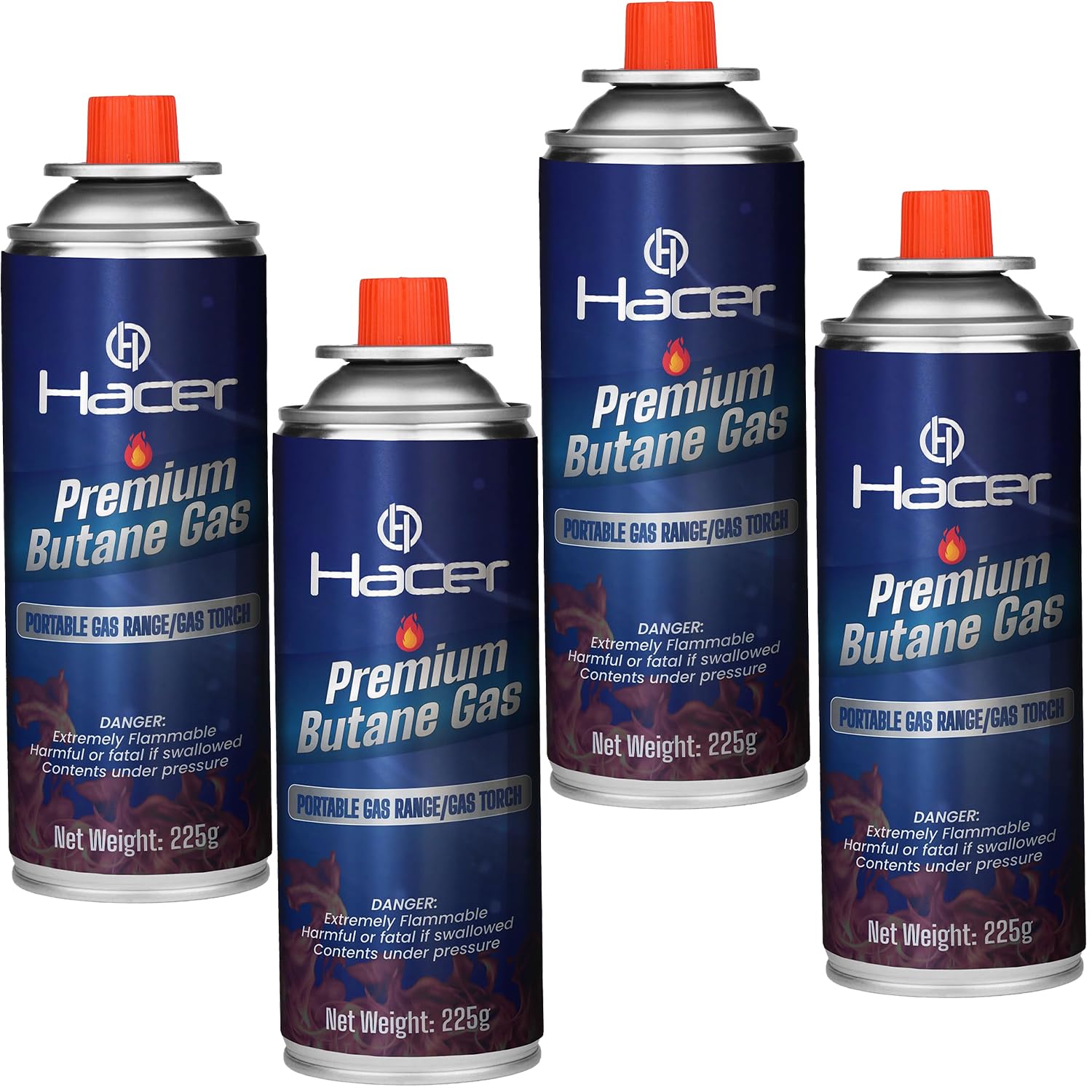 Hacer 4 x 225g Pure Butane Gas Cartridges for Camping Stove, Portable High Pressure Refill Fuel for Welding Torch, Fogging Machine & Lighters, Non-Freeze Canisters (Pack of 4)