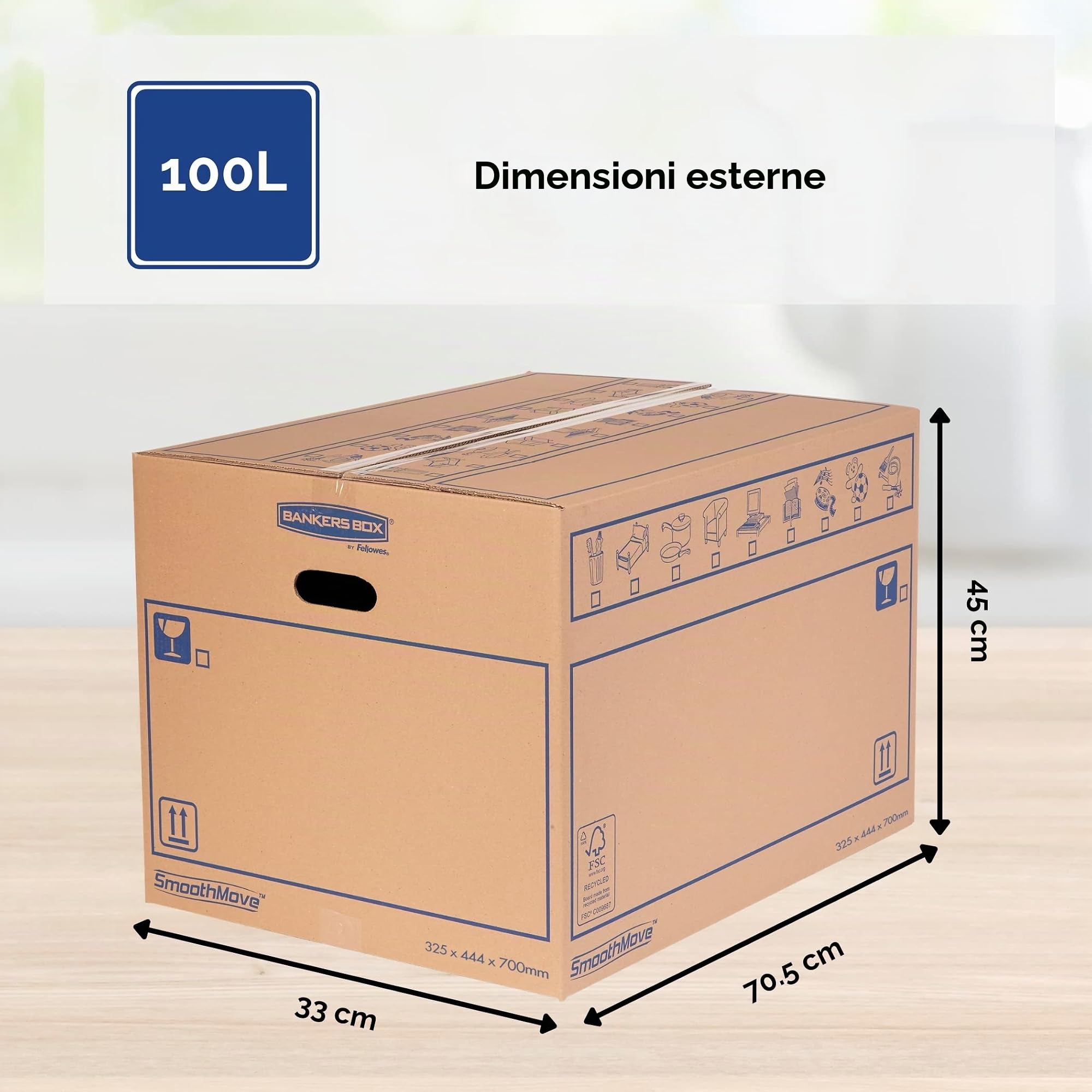 Bankers Box 10 scatole trasloco SmoothMove in cartone a doppio strato, scatole cartone per uso intenso da 100 litri con manici, dimensioni L32,5 x A44 x P70 cm, confezione da 10 [AMAZON EXCLUSIVE]