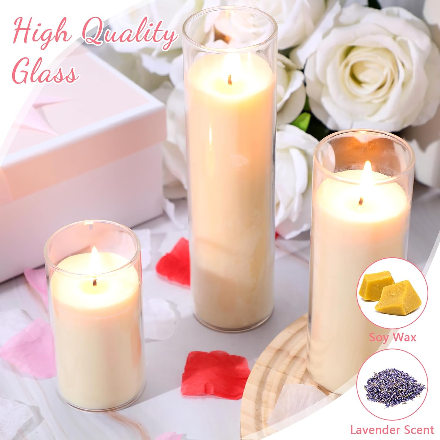 MTLEE 6 Pack Pillar Candles in Glass Cylinder for Wedding Decoration Soy Wax Votive Candles Bulk for Home Church Prayer Party
