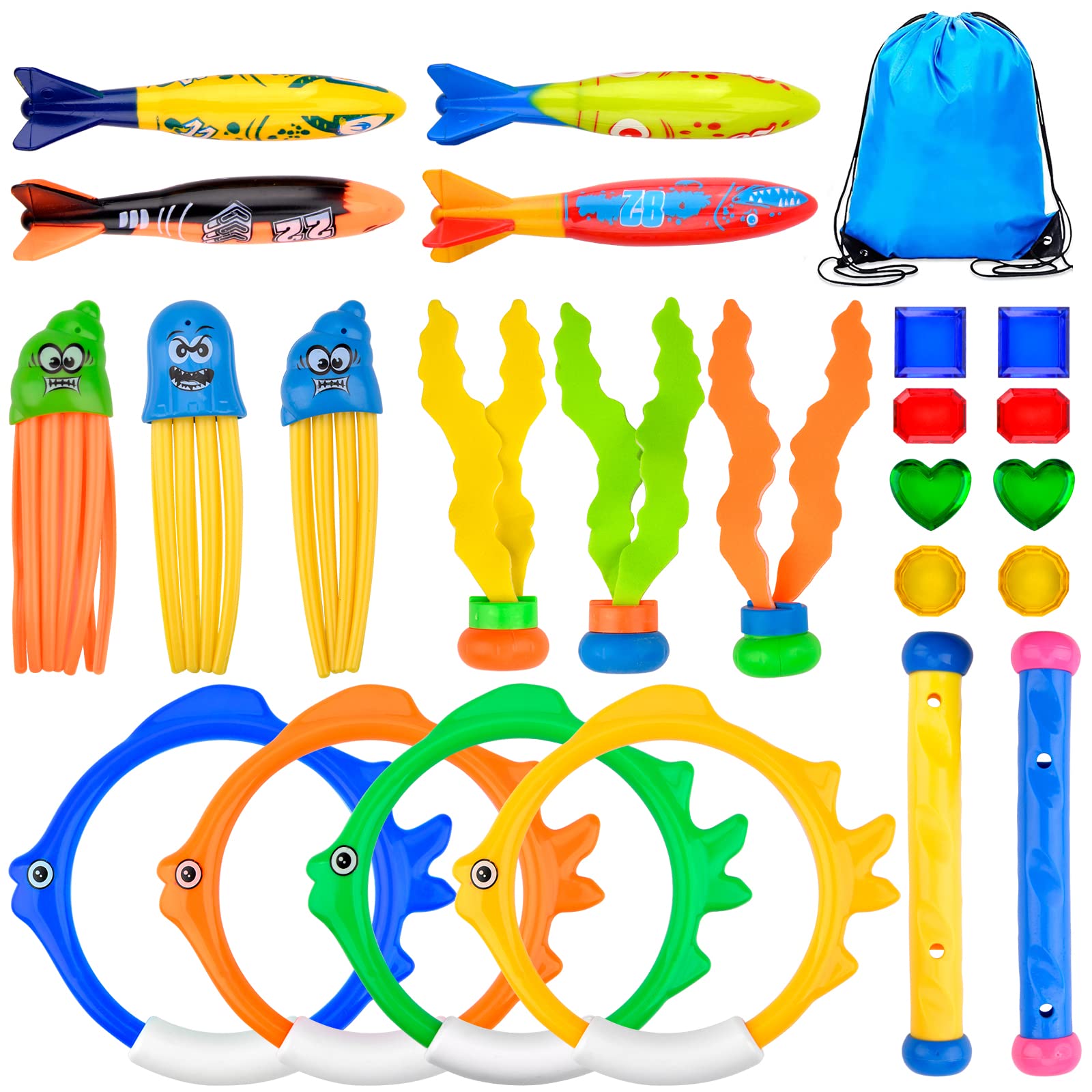 Pipihome Swimming Pool Toys, 24Pcs Diving Pool Toys, Underwater Diving  Toys, Swimming Toys Water Toys Diving Rings, Dive Sticks, Seaweed, 15