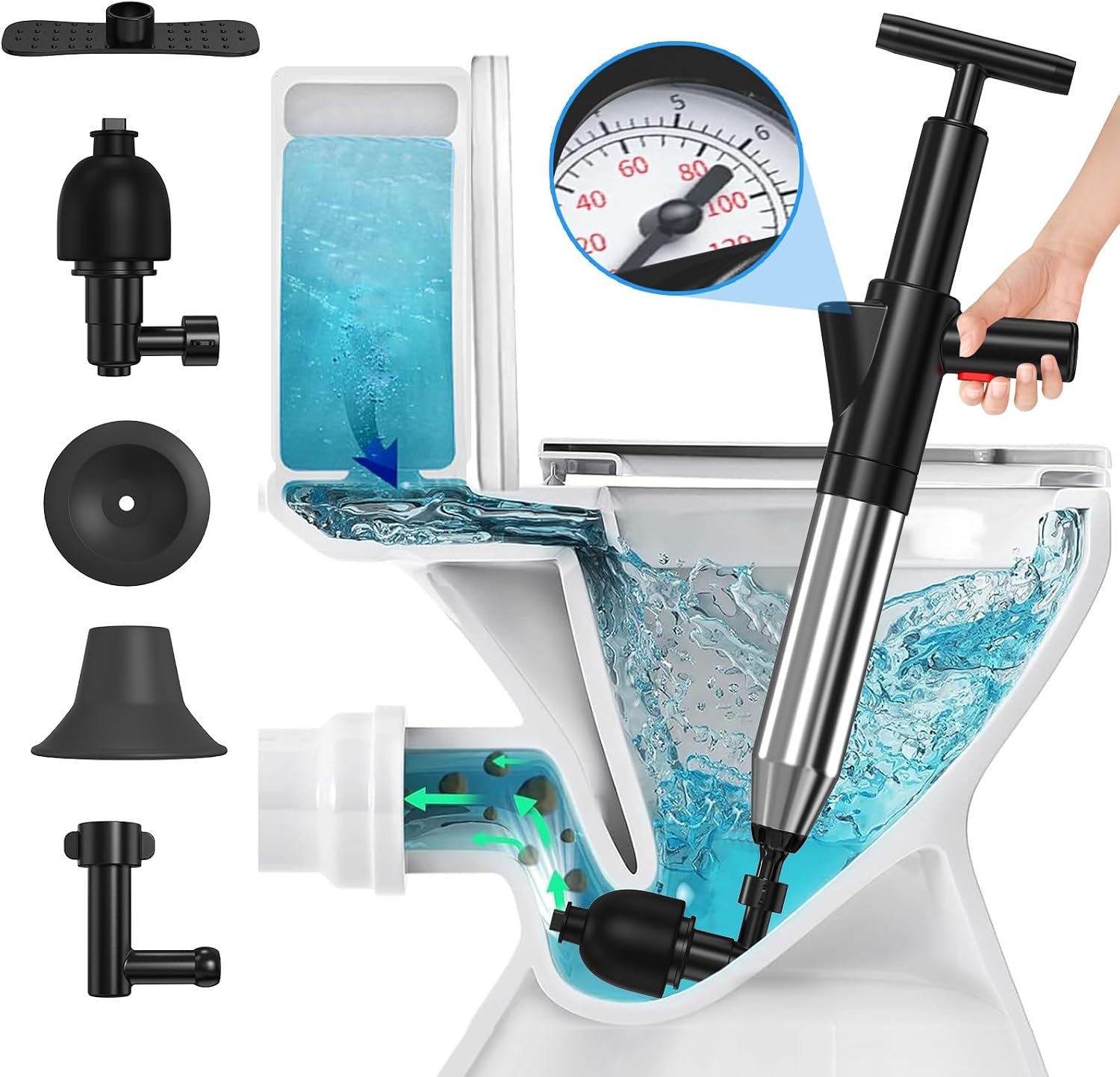 Toilet Plunger, Upgraded High Pressure Toilet Plunger Air Plungers Sink Plunger with Visual Barometer, Stainless Steel Air Drain Blaster, Powerful Drain Clog Remover for Bathroom,Kitchen,Clogged Pipe