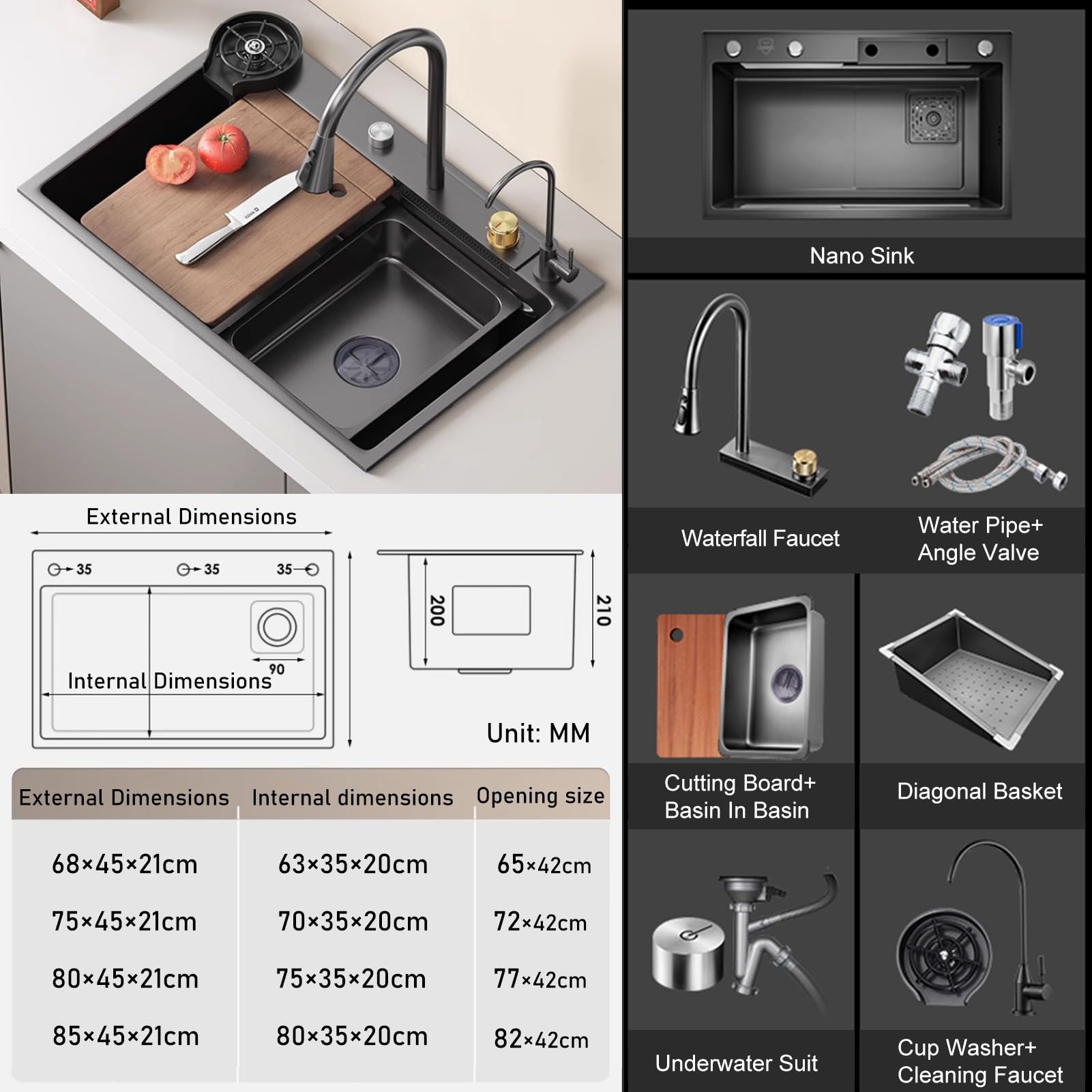 Fregadero De Cocina De Acero Inoxidable De Montaje Superior De Color Gris Negro, Estación De Trabajo Con Barra En Cascada De Gran Capacidad, Salida De Drenaje Derecha, Tazón Único Nano Para El Hogar,