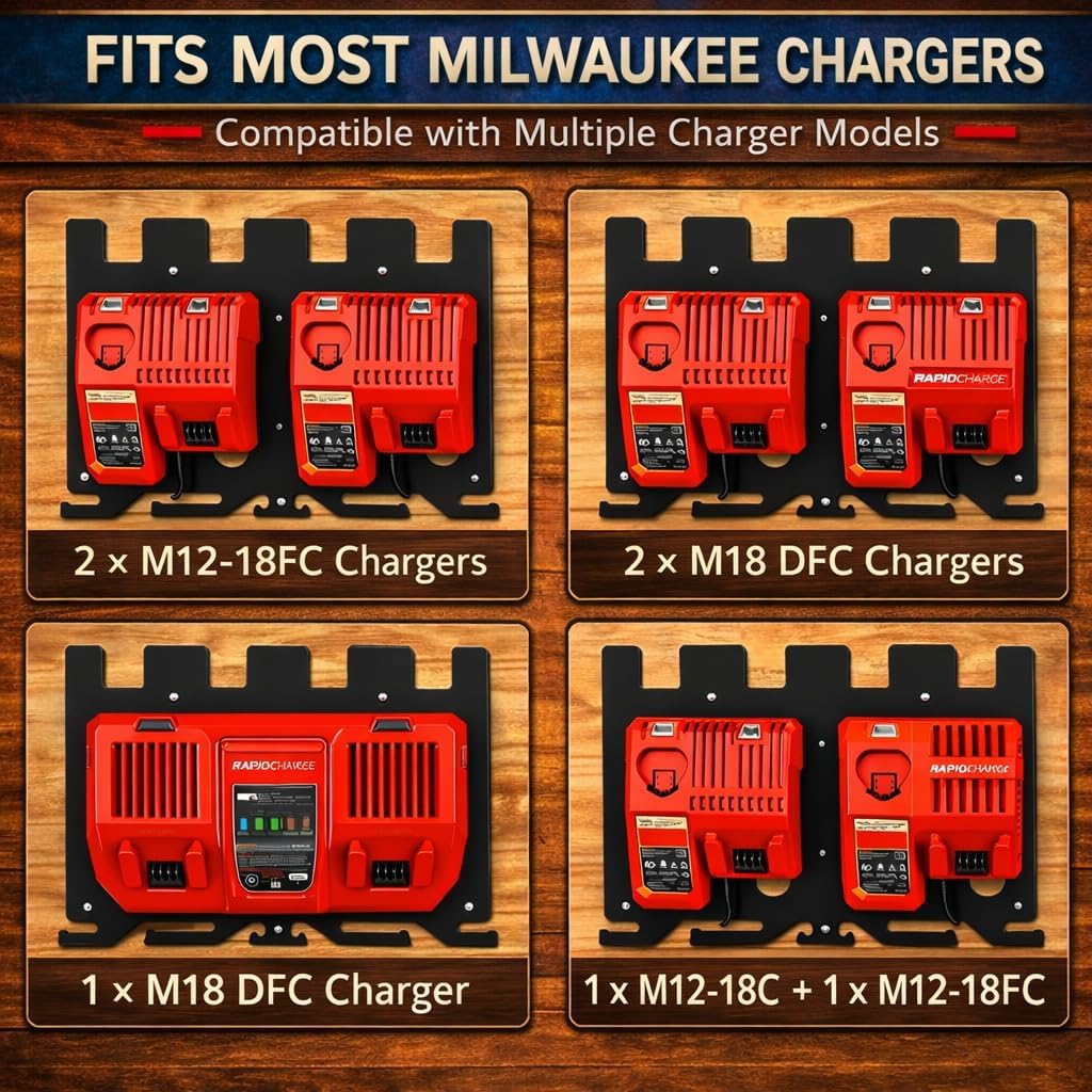 3-in-1 Battery Charger Wall Mount Holder for Milwaukee 4X M18 18V Battery and 2X M12-18C Charger/2x M12-18FC Charger/1x M18 DFC & 2 Drills. Battery Charger Hanger/Storage/Rack/Organizer for Garage