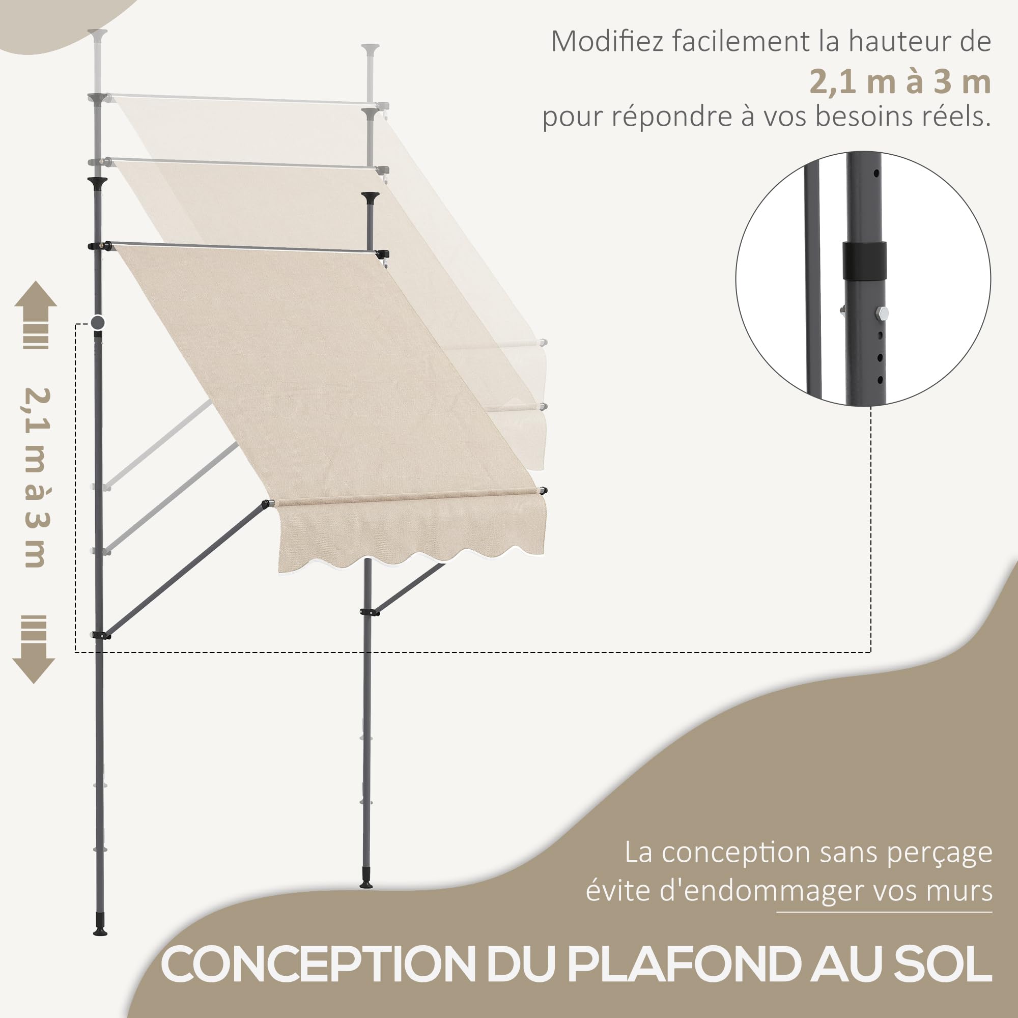 Outsunny Store banne autoportant Manuel auvent rétractable 1,5L x 1,2l x 2,1-3H m Inclinaison réglable pour Balcon sans Trous à percer métal alu Polyester Sable